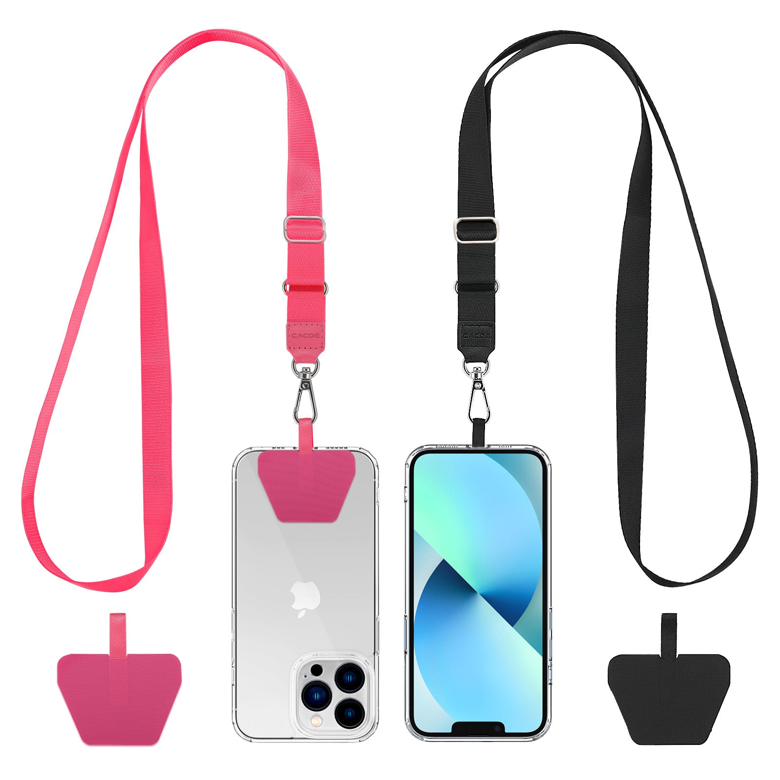 CACOE Phone Lanyard 2 Pack-2× Adjustable Neck Strap,4× Phone Patches,Universal Crossbody Cell Phone Lanyards,Multifuctional Patch Phone Lanyards Compatible with Most Smartphones(Black+Light Red)