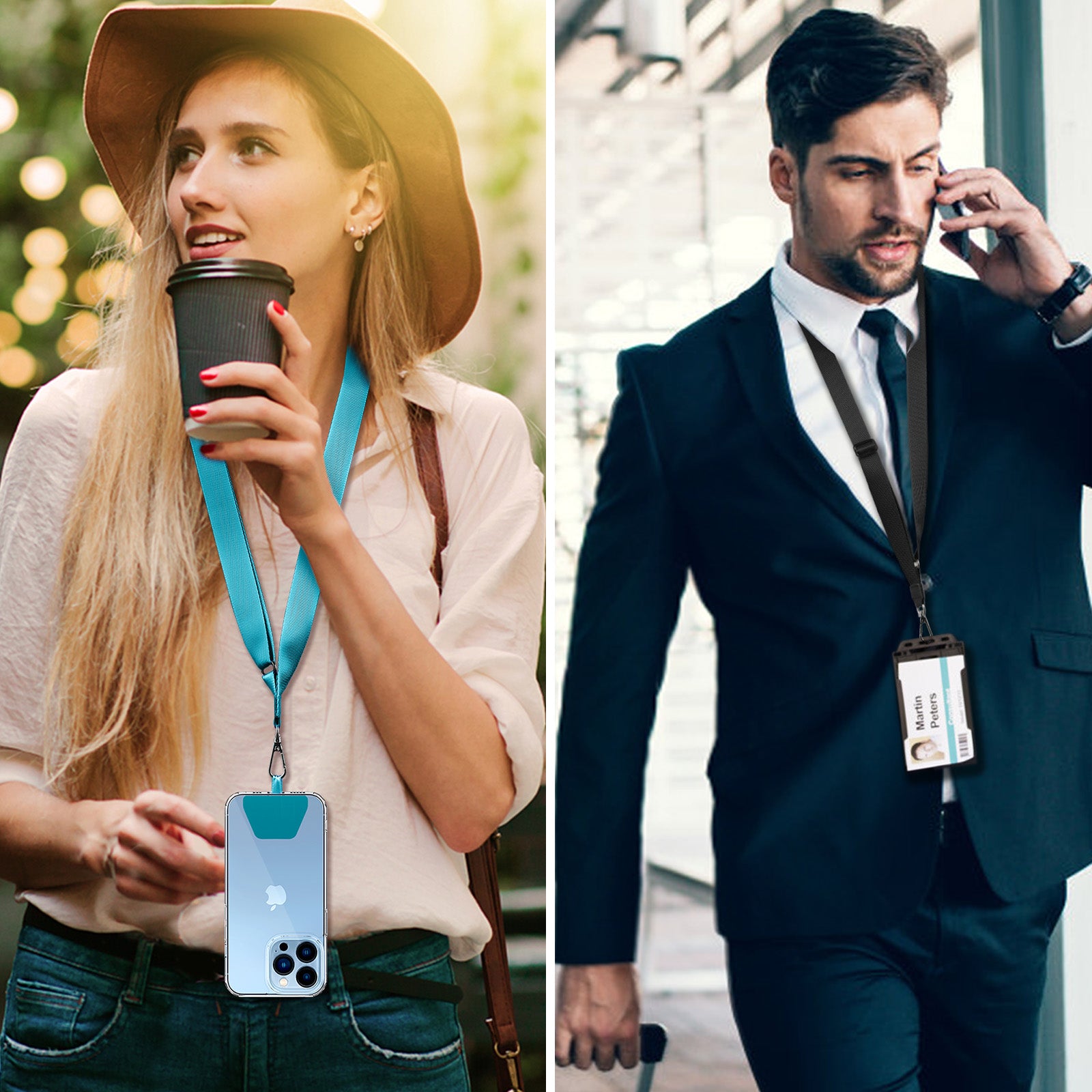 CACOE Phone Lanyard 2 Pack-2× Adjustable Neck Strap,4× Phone Patches,Universal Crossbody Cell Phone Lanyards,Multifuctional Patch Phone Lanyards Compatible with Most Smartphones(Black+Light Blue)