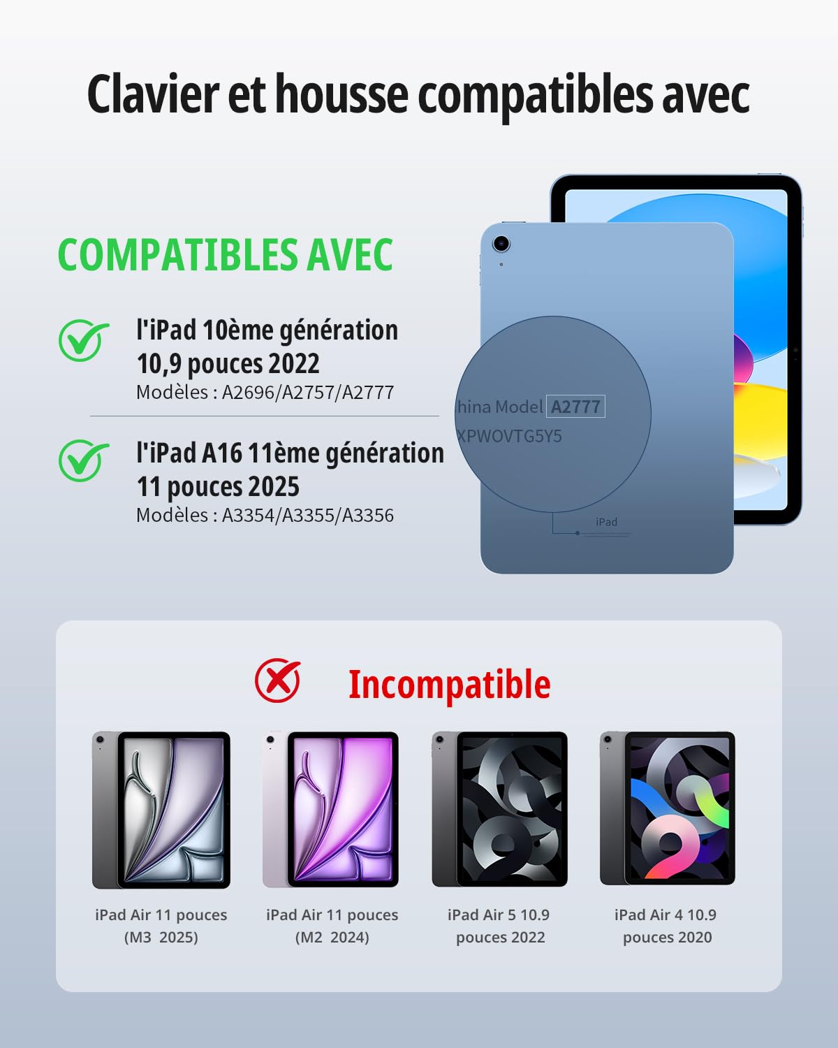CACOE 360°Étui Clavier pour iPad A16 11/10 Génération avec Pavé Tactile