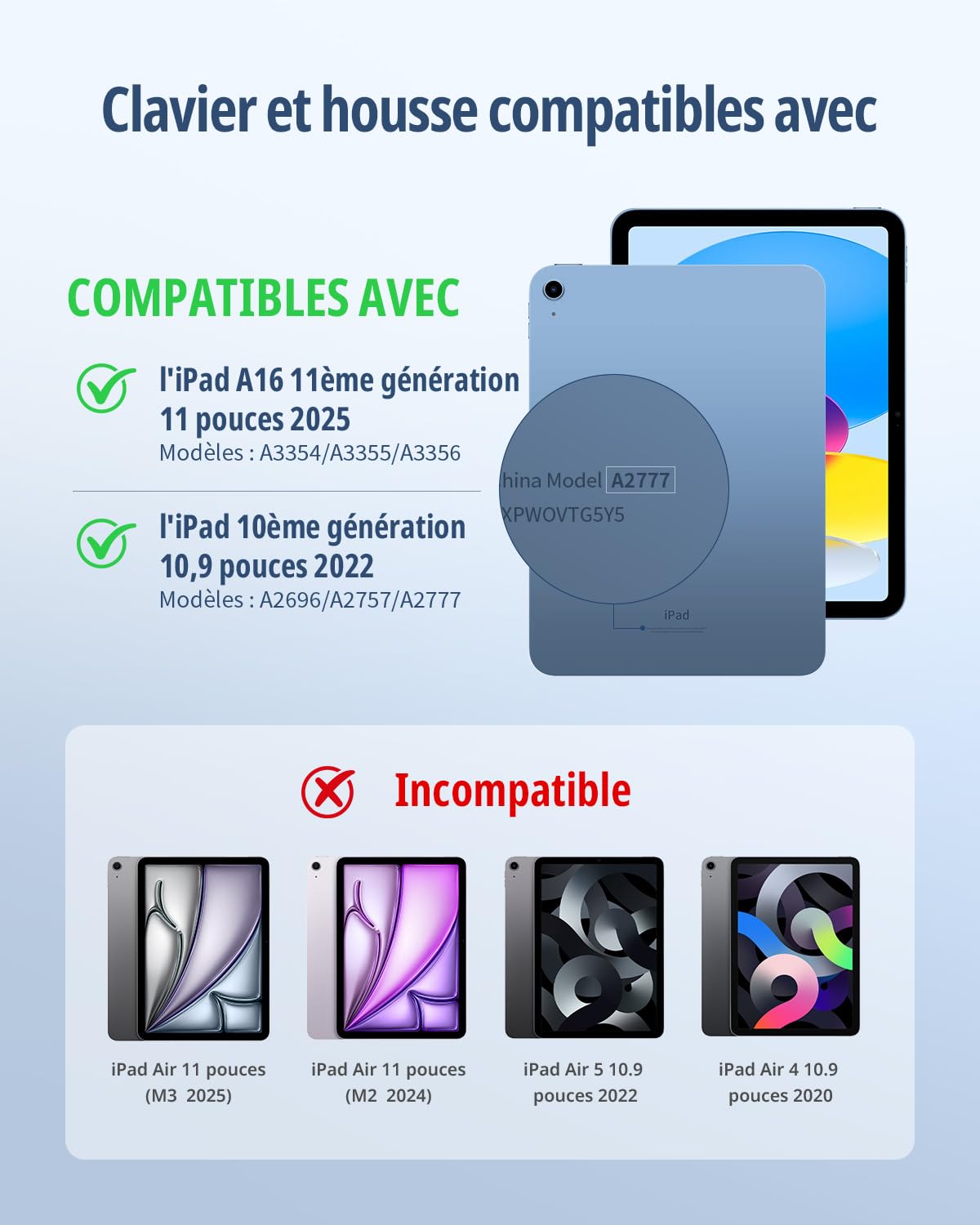 CACOE Coque Clavier pour iPad A16 11 Ème / 10 Ème Génération 11/10,9 Pouces