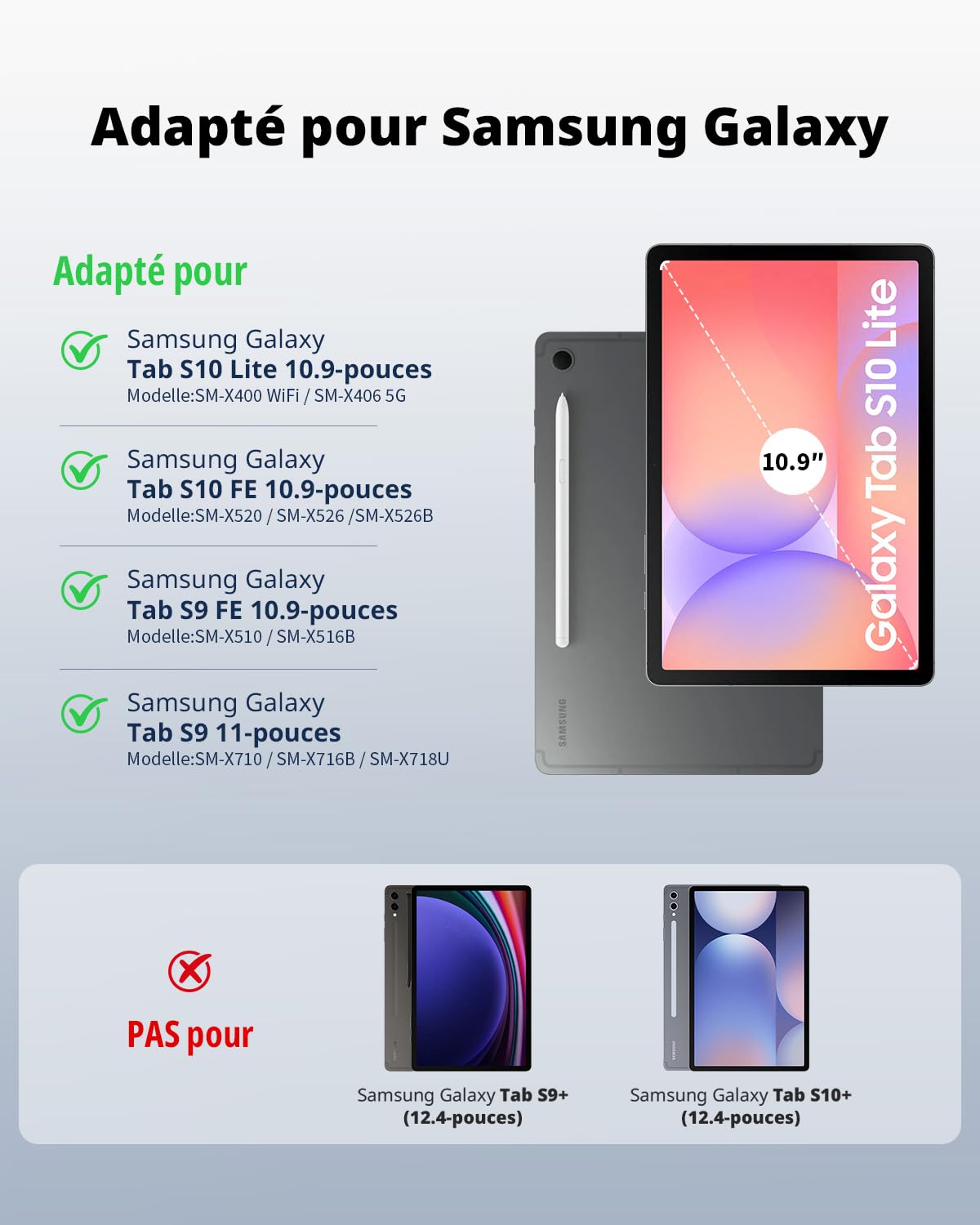 CACOE 360°Coque Clavier pour Samsung Galaxy Tab S10 Lite 5G/S10 FE/S9 FE/S9