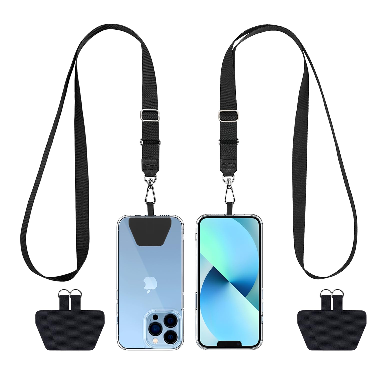 CACOE Phone Lanyard 2 Pcs Adjustable Neck Strap,4 Pcs Patches,Multifuctional Patch Polyester Phone Lanyards Compatible with Most Smartphones(Black+Black)