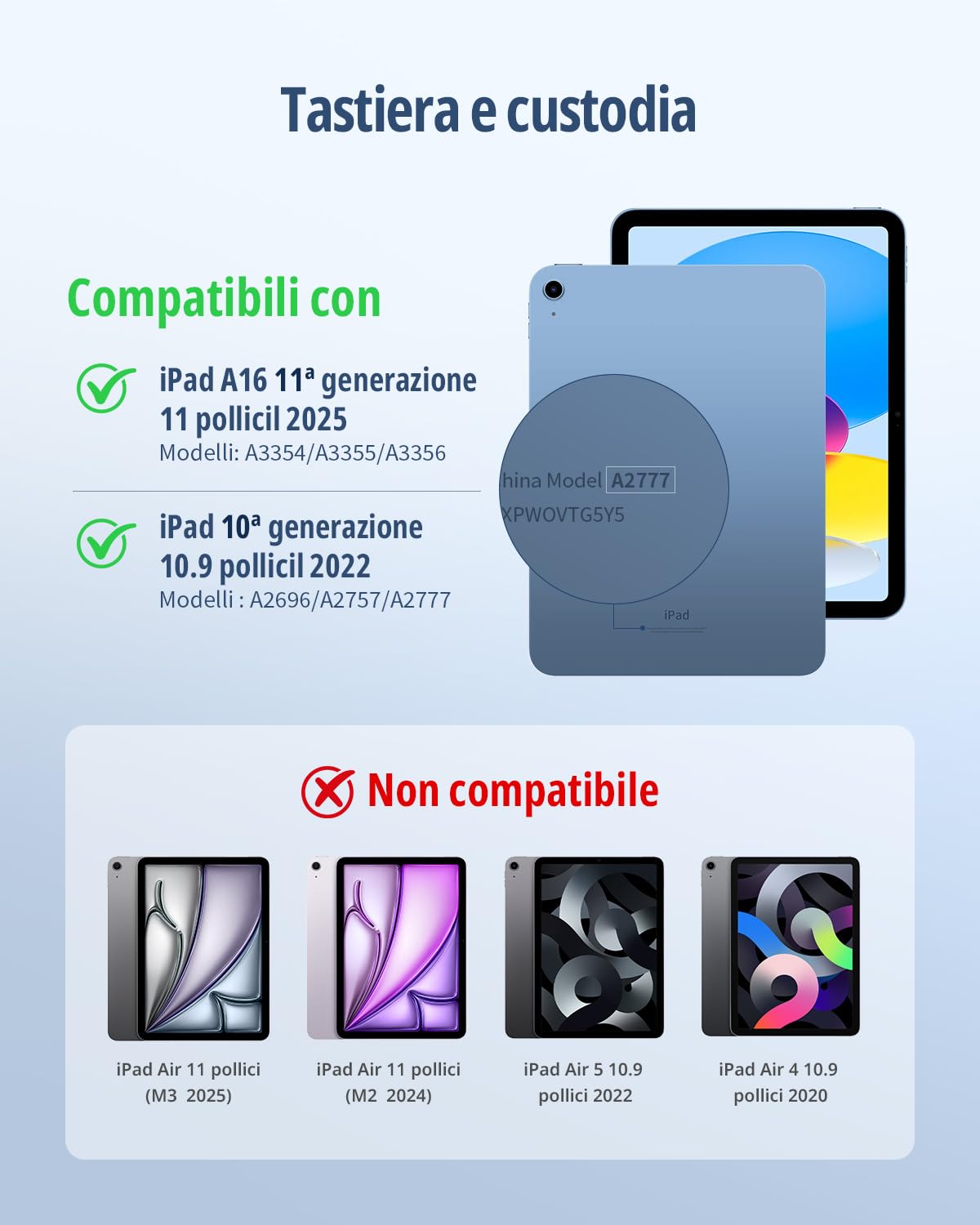 CACOE Cover con Tastiera per iPad 11 (A16) 2025 11" / 10 2022 con Touchpad