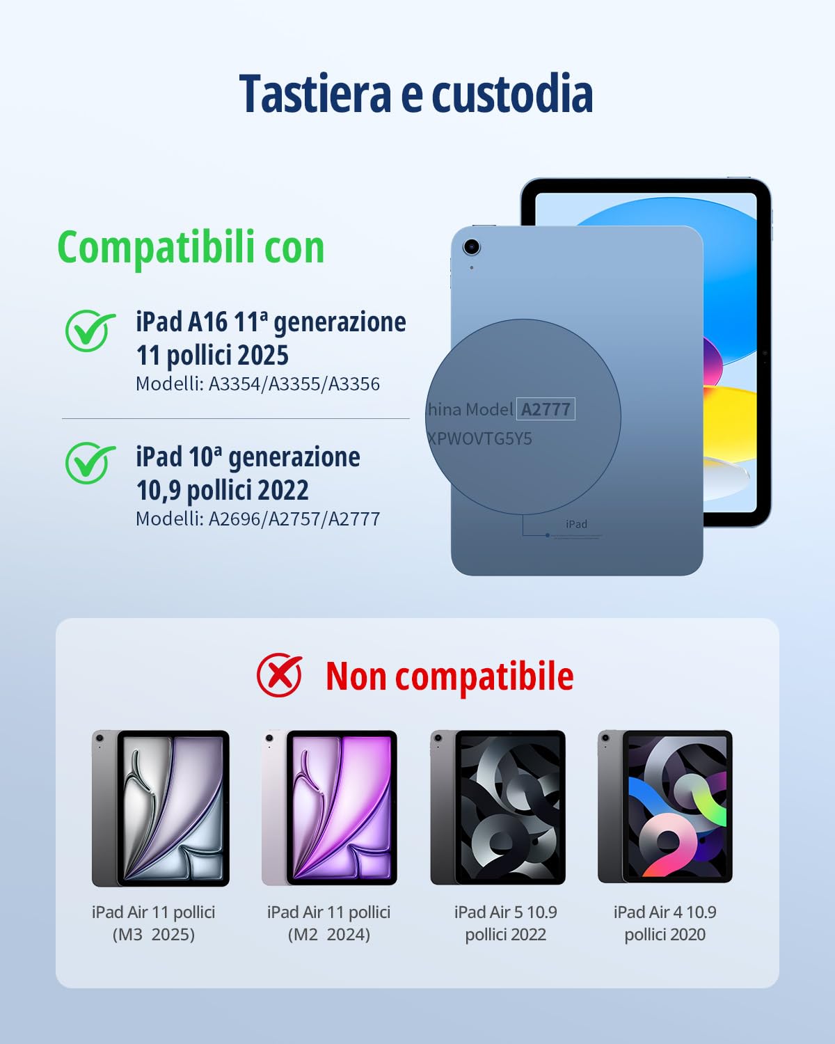 CACOE Cover con Tastiera per iPad 11 (A16) 2025 11" / 10 2022 con Touchpad