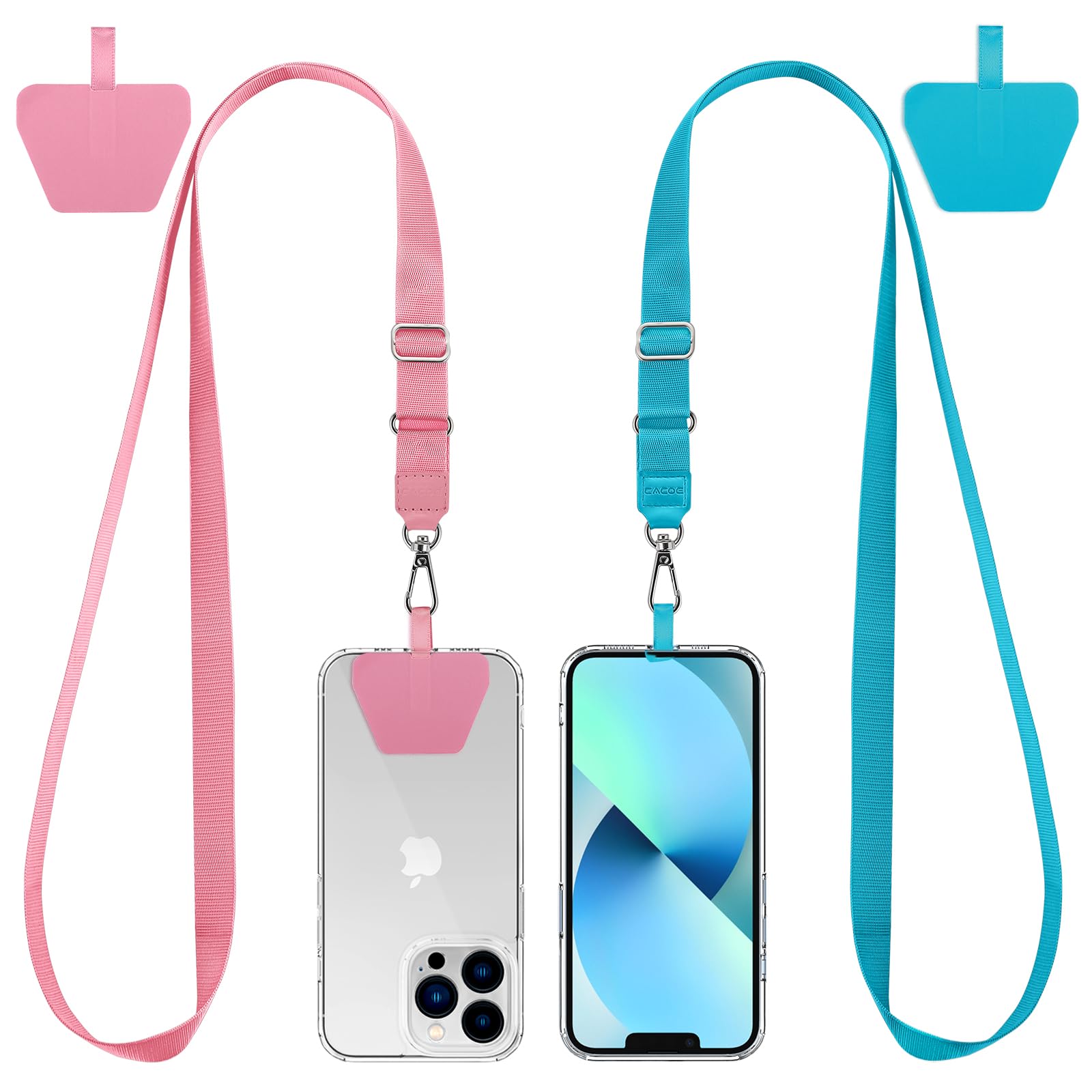 CACOE Phone Lanyard 2 Pcs Lengthened Adjustable Neck Strap,2 Pcs Patches,Universal Crossbody Multifuctional Cell Phone Lanyards Compatible with Most Smartphones(Pink+Blue)