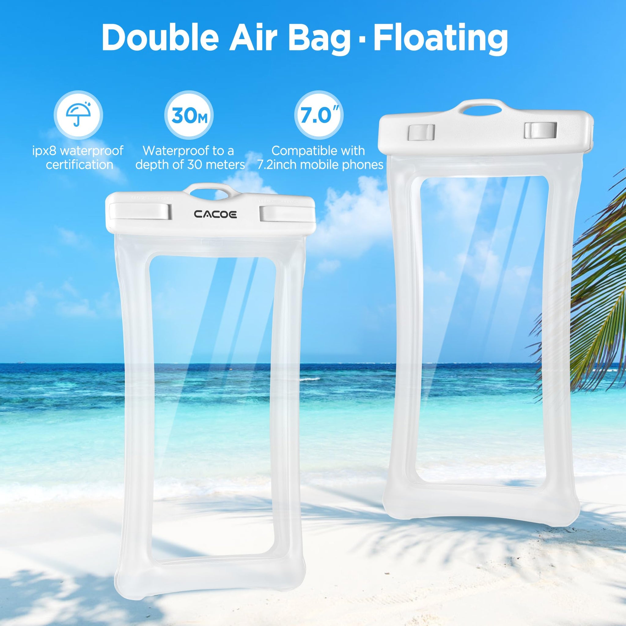 CACOE [Floatable] Floating Universal Waterproof Phone case 2 Pcs-Up to 7.0",Waterproof Phone Pouch with Adjustable Neck Lanyard,IPX8 Cellphone Dry Bags for Beach Pool Swimming（White+Blue）