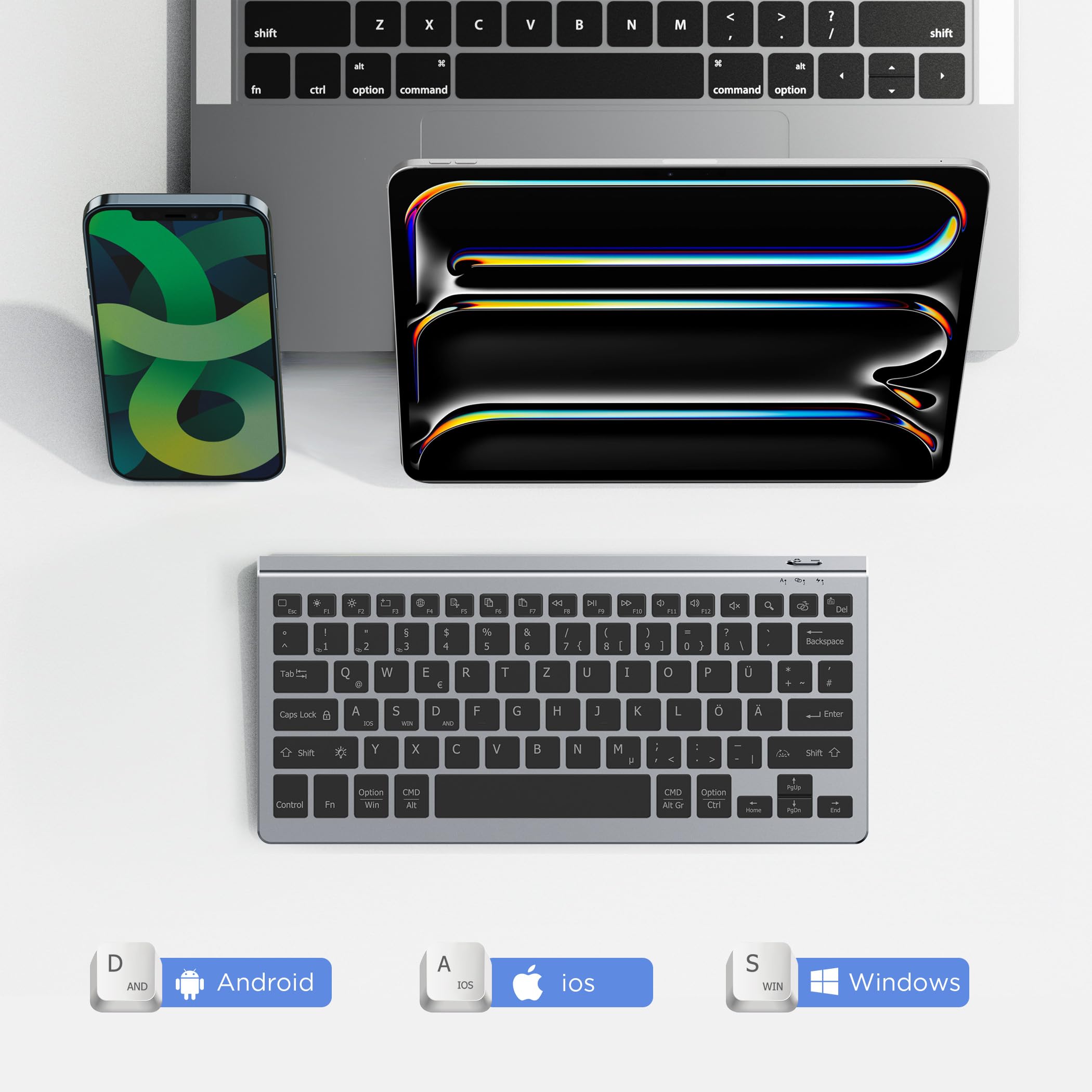 CACOE Bluetooth Tastatur, 7 Farben Beleuchtete, 3 BT Kanäle, Grau