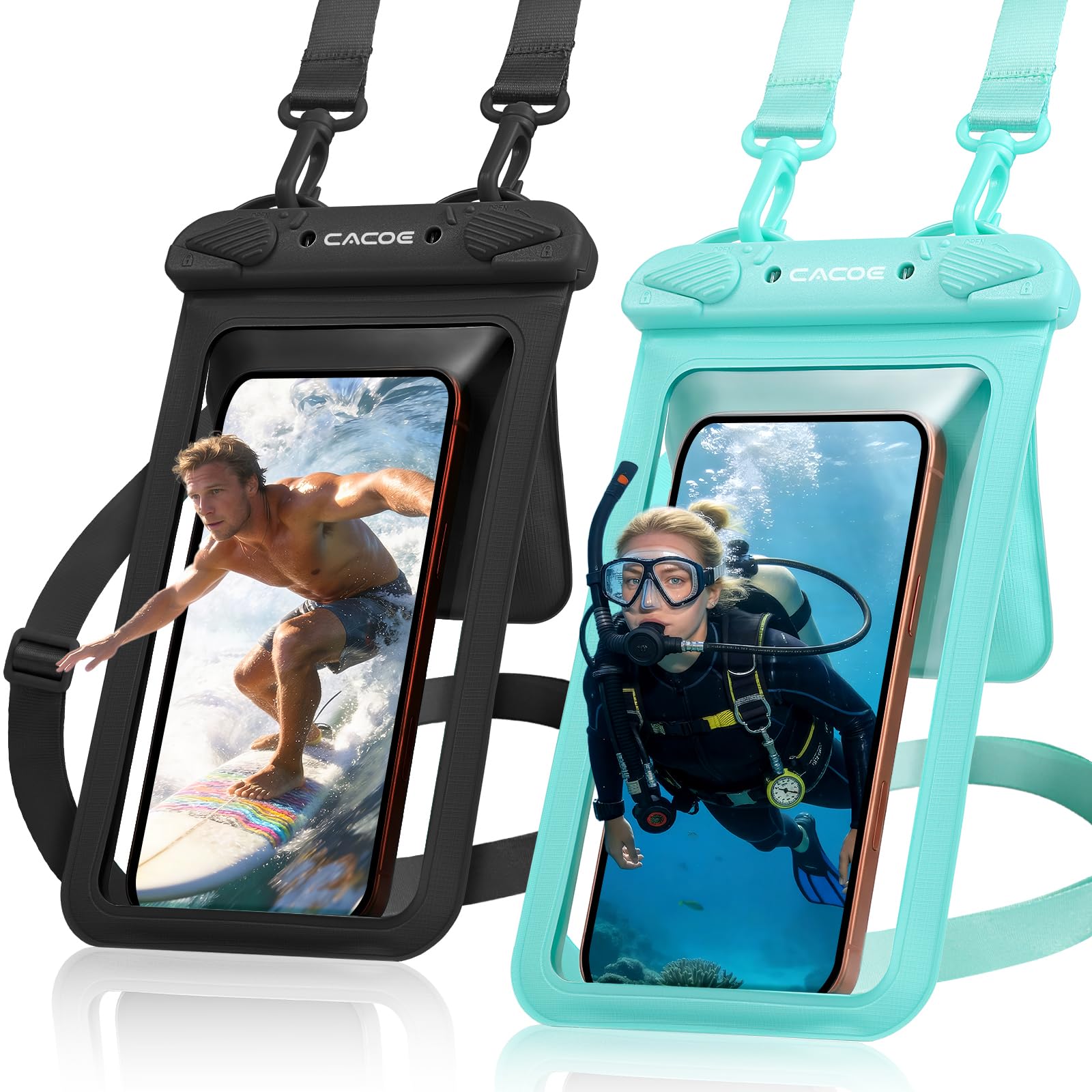 CACOE Waterproof Phone Pouch 2 Pack Up to 8.8", Double Bag, Black+Green