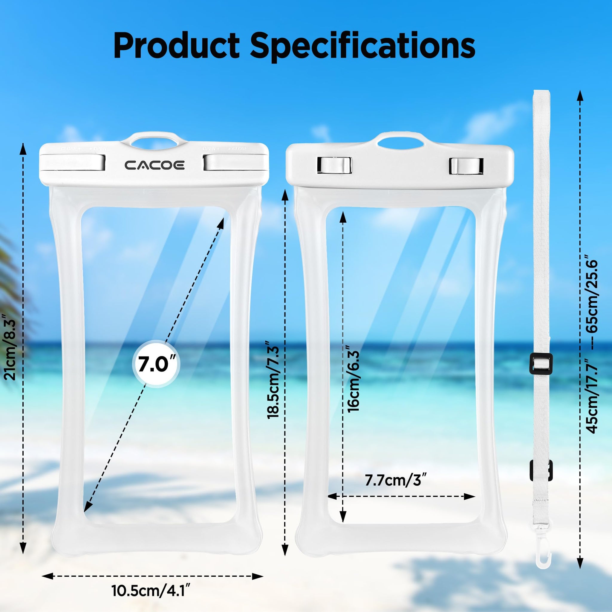 CACOE [Floatable] Floating Universal Waterproof Phone case 2 Pcs-Up to 7.0",Waterproof Phone Pouch with Adjustable Neck Lanyard,IPX8 Cellphone Dry Bags for Beach Pool Swimming（White+Blue）