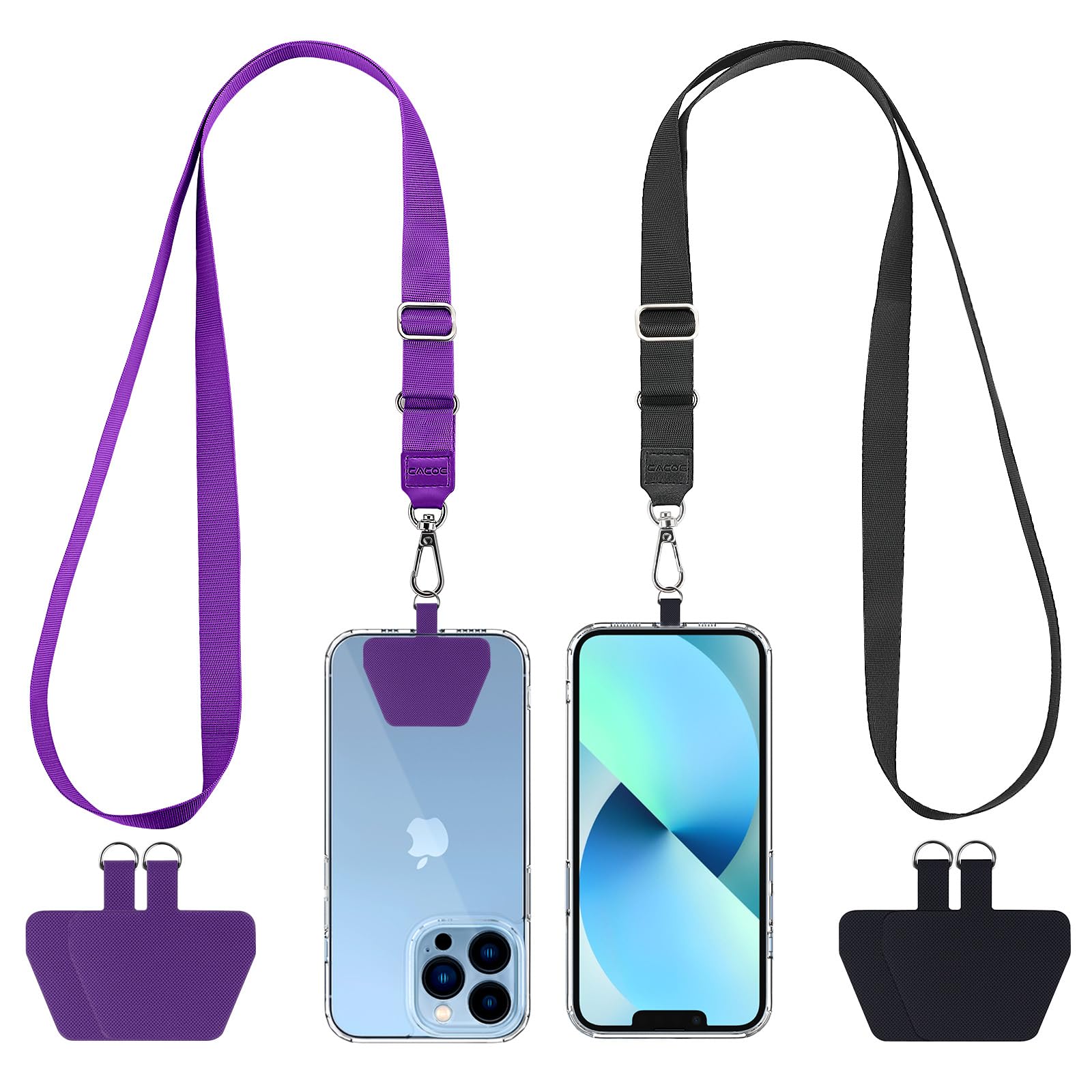 CACOE Phone Lanyard 2 Pcs Adjustable Neck Strap,4 Pcs Patches,Universal Crossbody Multifuctional Polyester Lanyards Compatible with Most Smartphones(Black+Purple)
