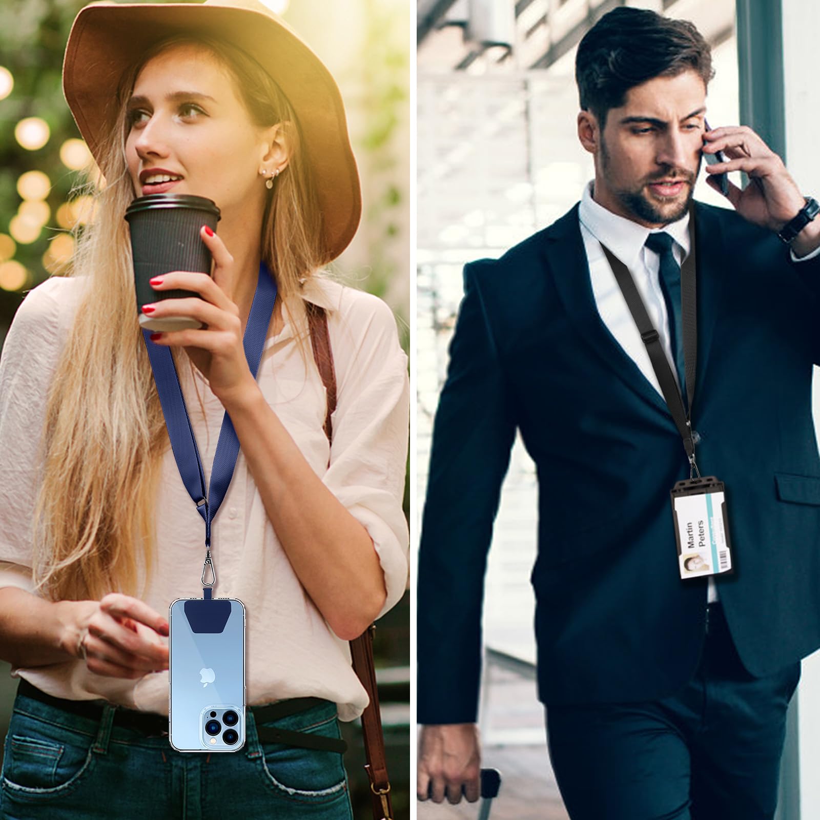 CACOE Phone Lanyard 2 Pcs Adjustable Neck Strap,4 Pcs Patches,Universal Crossbody Multifuctional Patch Polyester Lanyards Compatible with Most Smartphones(Black+Dark Blue)