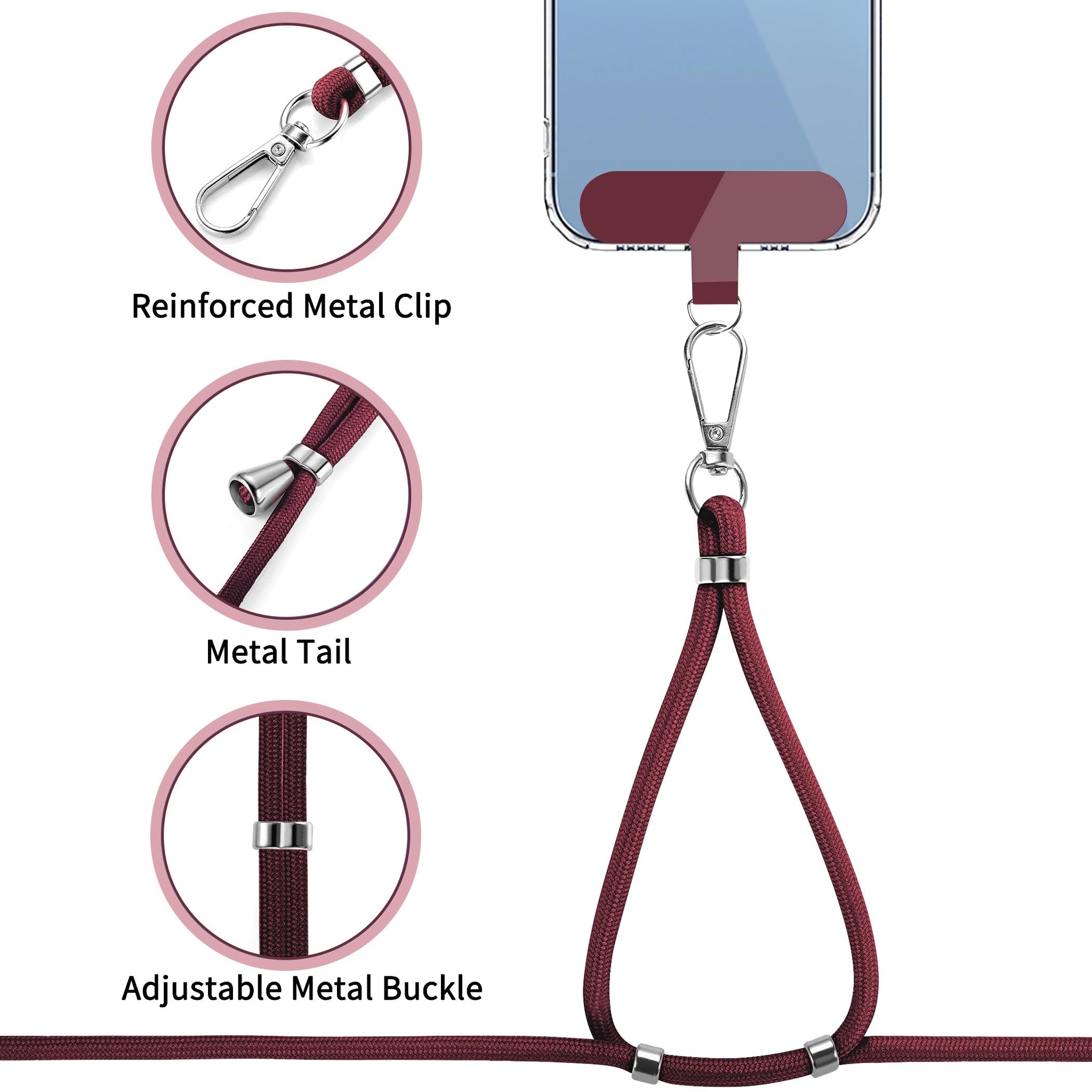 CACOE Phone Lanyard 2 Pcs-1 Pcs Adjustable Neck Strap, 1 Pcs Wrist Strap, 2 Pcs Pads, Universal Crossbody Multifuctional Cell Phone Lanyards Compatible with Most Smartphones(Dark Red)