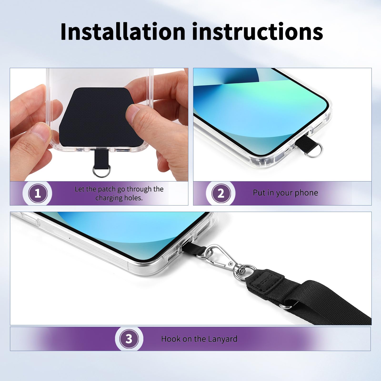 CACOE Phone Lanyard 2 Pcs Adjustable Neck Strap,4 Pcs Patches,Universal Crossbody Multifuctional Polyester Lanyards Compatible with Most Smartphones(Black+Purple)