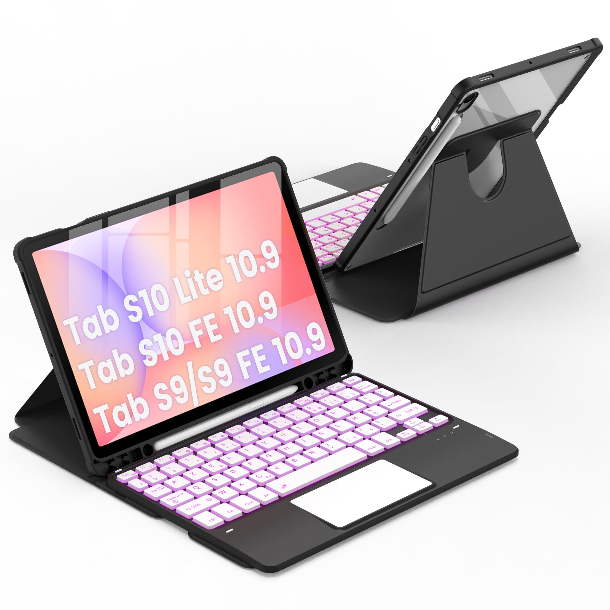 CACOE 360°Coque Clavier pour Samsung Galaxy Tab S10 Lite 5G/S10 FE/S9 FE/S9