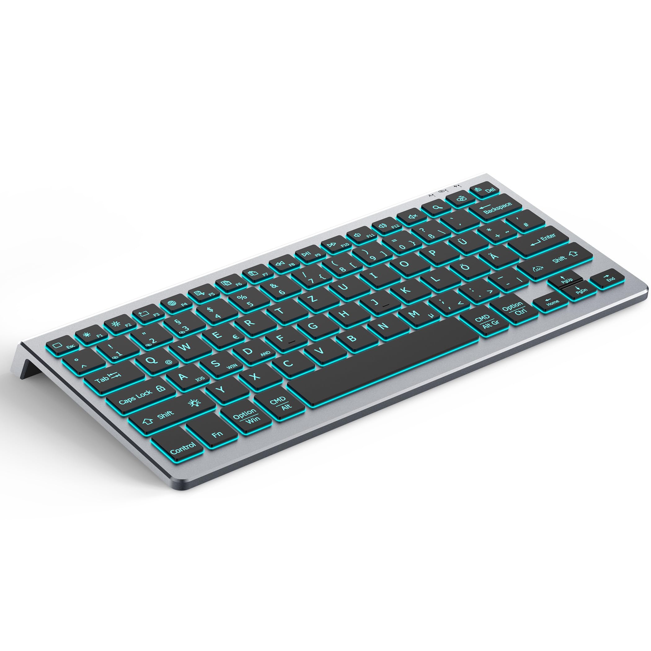 CACOE Bluetooth Tastatur, 7 Farben Beleuchtete, 3 BT Kanäle, Grau