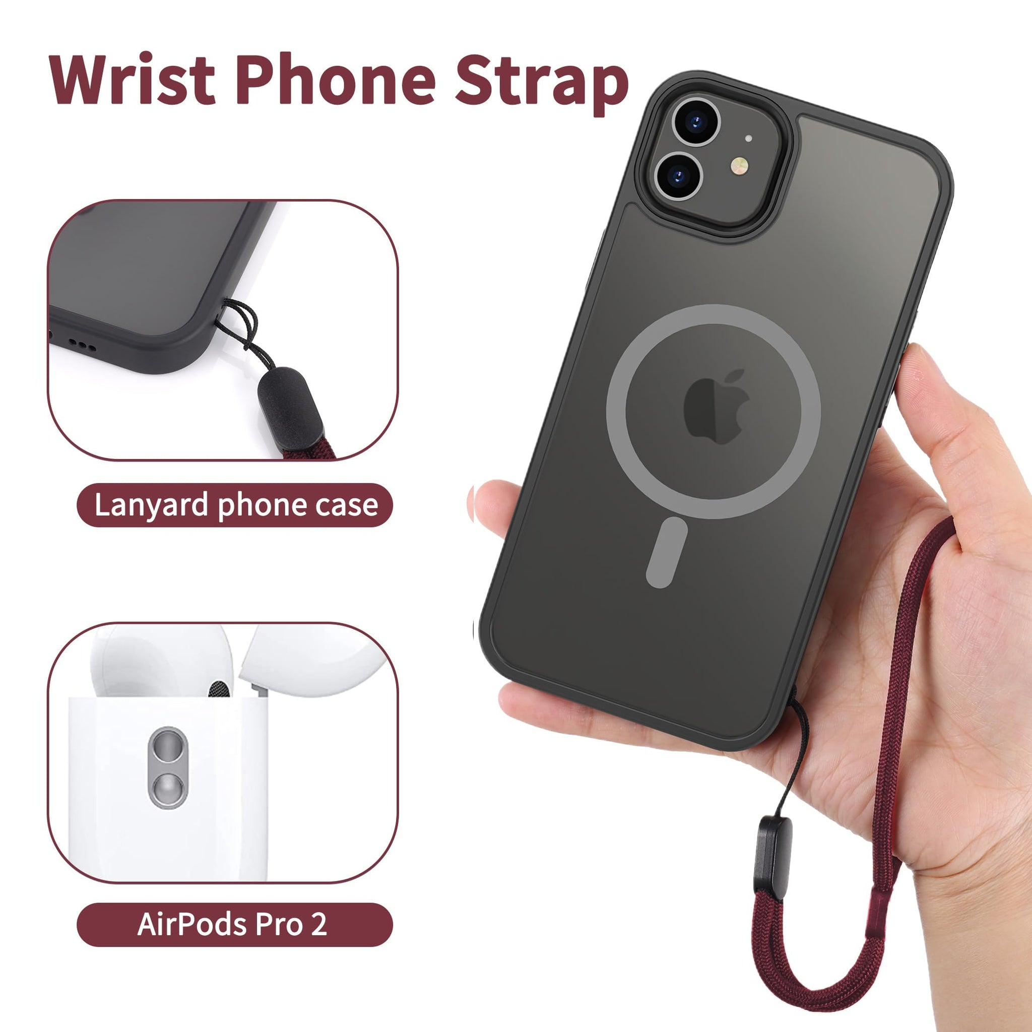 CACOE Phone Lanyard 2 Pcs-1 Pcs Adjustable Neck Strap, 1 Pcs Wrist Strap, 2 Pcs Pads, Universal Crossbody Multifuctional Cell Phone Lanyards Compatible with Most Smartphones(Dark Red)