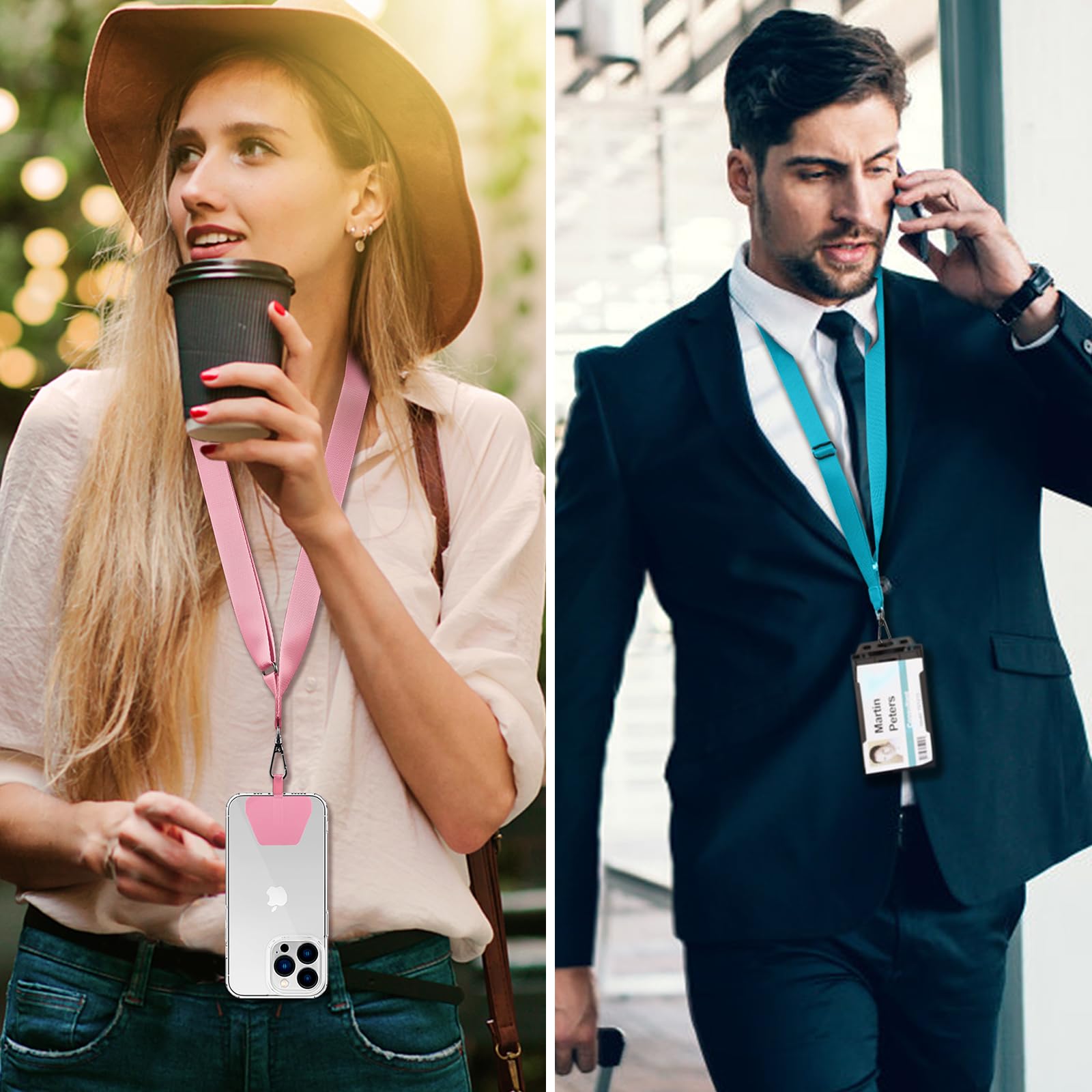 CACOE Phone Lanyard 2 Pcs Lengthened Adjustable Neck Strap,2 Pcs Patches,Universal Crossbody Multifuctional Cell Phone Lanyards Compatible with Most Smartphones(Pink+Blue)