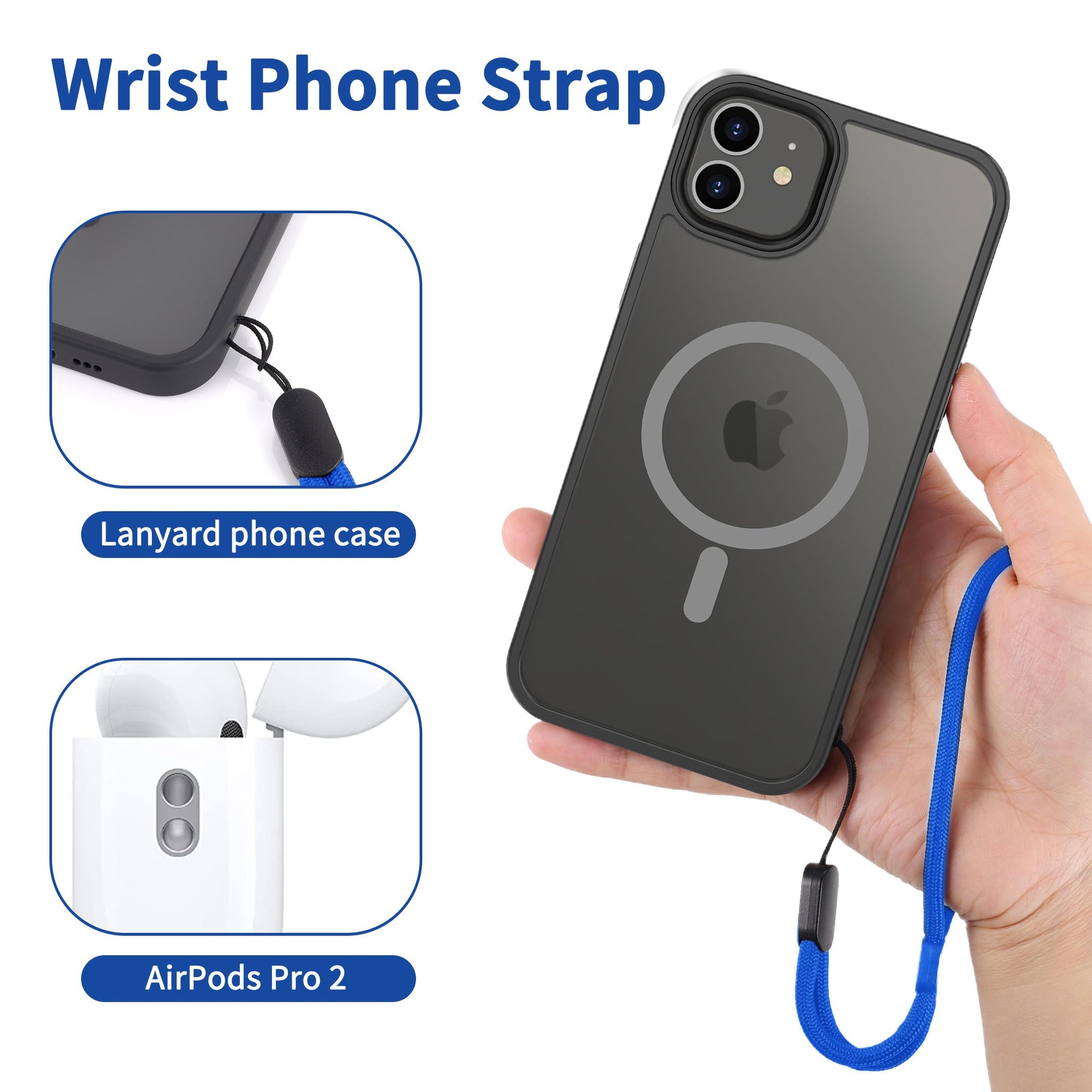 CACOE Phone Lanyard 2 Pcs-1 Pcs Adjustable Neck Strap, 1 Pcs Wrist Strap, 2 Pcs Pads, Universal Crossbody Multifuctional Cell Phone Lanyards Compatible with Most Smartphones(Dark Blue)