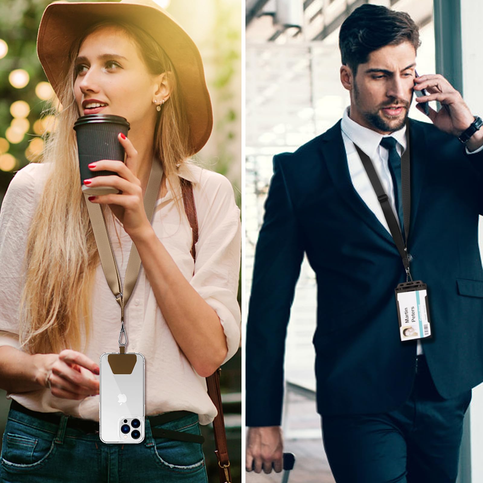 CACOE Phone Lanyard 2 Pcs-Adjustable Neck Strap,Universal Crossbody Lanyards Compatible with Most Smartphones (Black+Brown, 21.65")