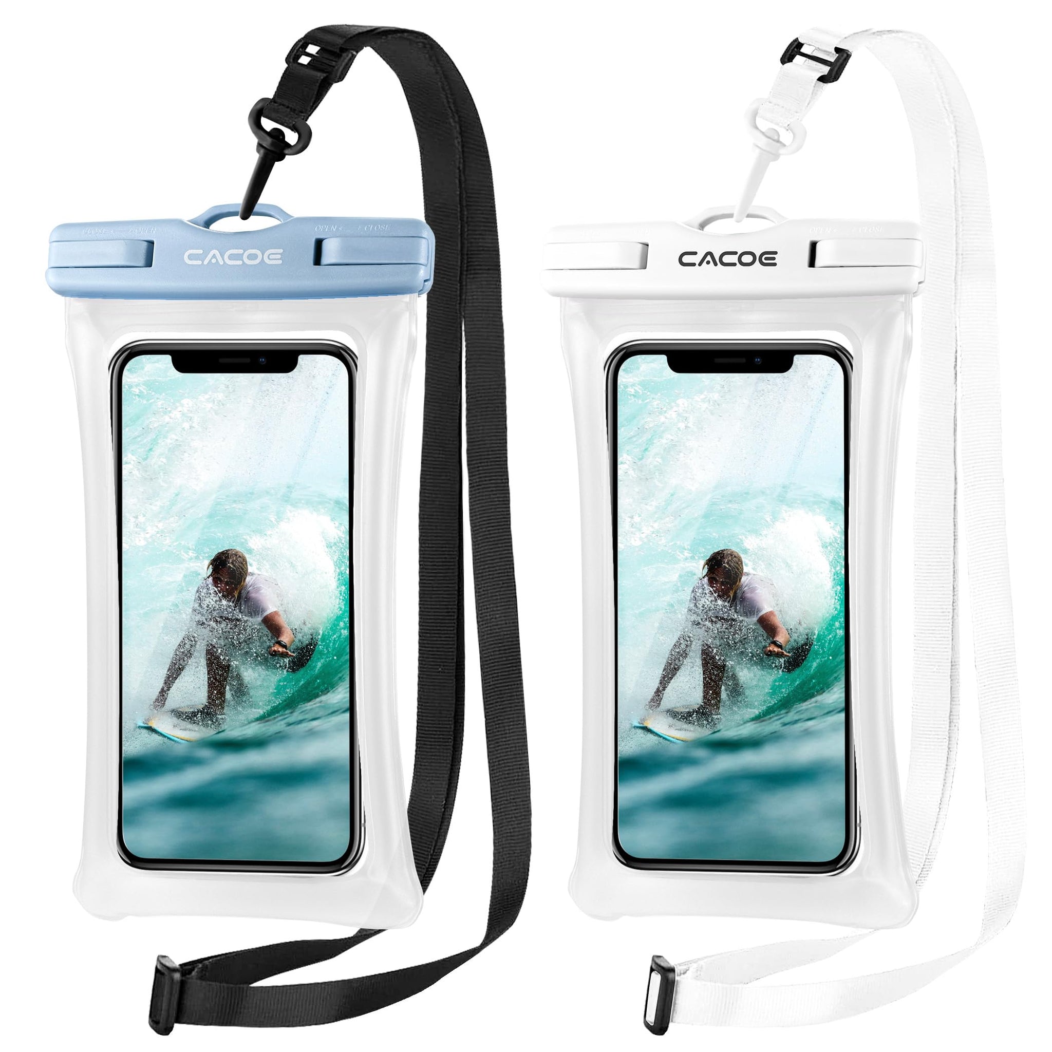 CACOE [Floatable] Floating Universal Waterproof Phone case 2 Pcs-Up to 7.0",Waterproof Phone Pouch with Adjustable Neck Lanyard,IPX8 Cellphone Dry Bags for Beach Pool Swimming（White+Blue）