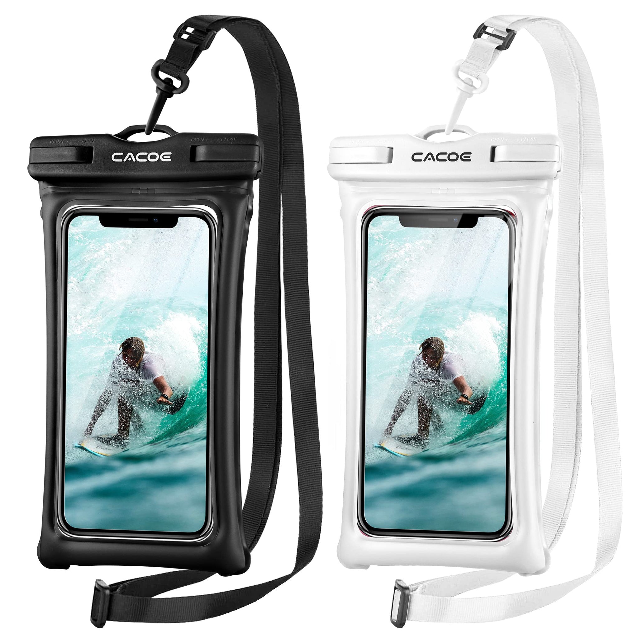 CACOE [Floatable] Floating Universal Waterproof Phone case 2 Pack-Up to 7.0",Phone Pouch with Adjustable Neck Lanyard,IPX8 Cellphone Dry Bags for Vacation Water Activities（Black+White）