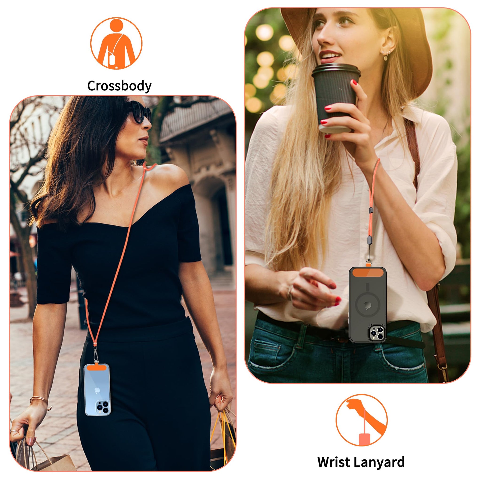 CACOE Cell Phone Lanyard Universal Crossbody Multifuctional Lanyard Compatible with Most Smartphones (Orange, 30"（Neck Strap×1）+8"（Wrist Strap×1）)