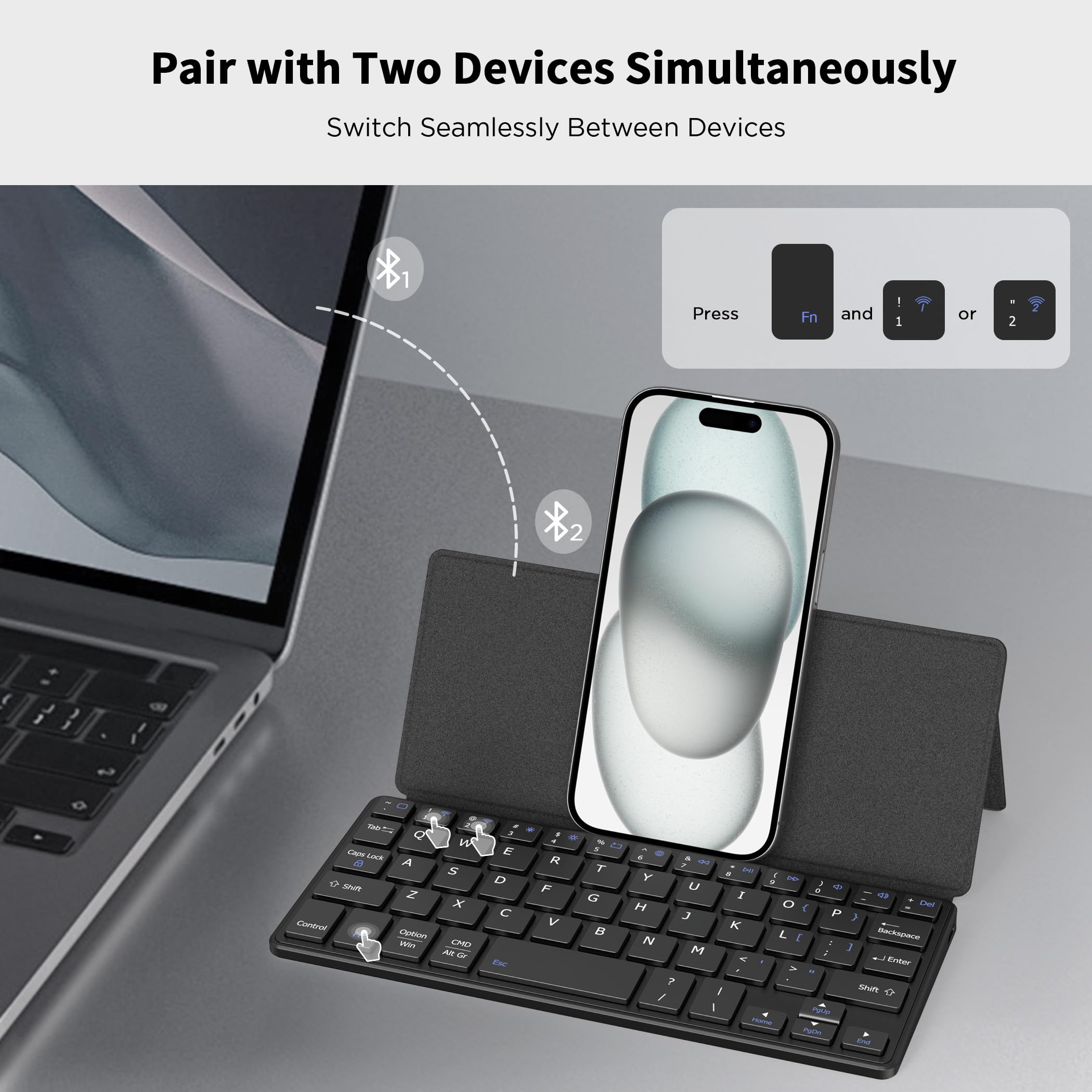 CACOE Wireless Keyboard with Stand, Mini Keyboard for Cell Phone, Ultra-Slim Portable, Foldable, Dual-Channel QWERTY with Stand Holder for Smartphone and More iOS Android Windows, Black