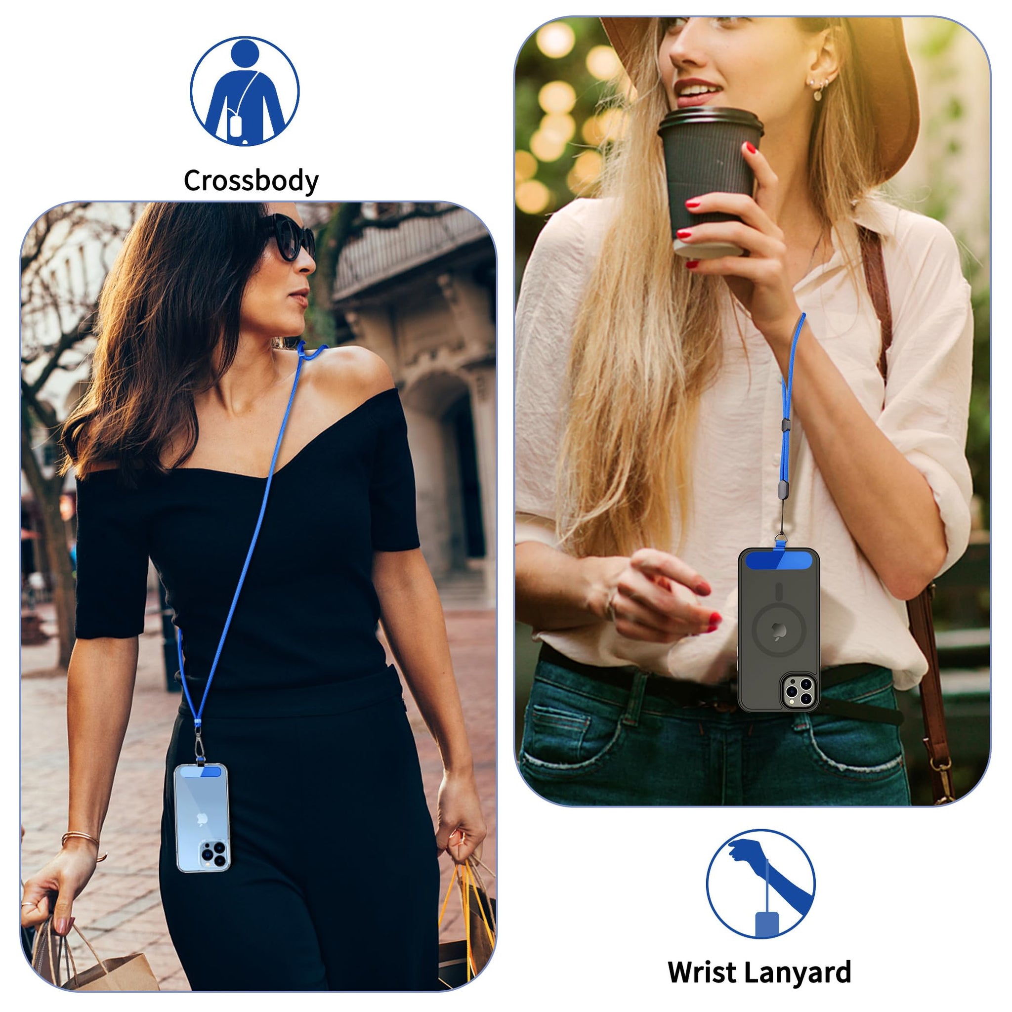 CACOE Phone Lanyard 2 Pcs-1 Pcs Adjustable Neck Strap, 1 Pcs Wrist Strap, 2 Pcs Pads, Universal Crossbody Multifuctional Cell Phone Lanyards Compatible with Most Smartphones(Dark Blue)