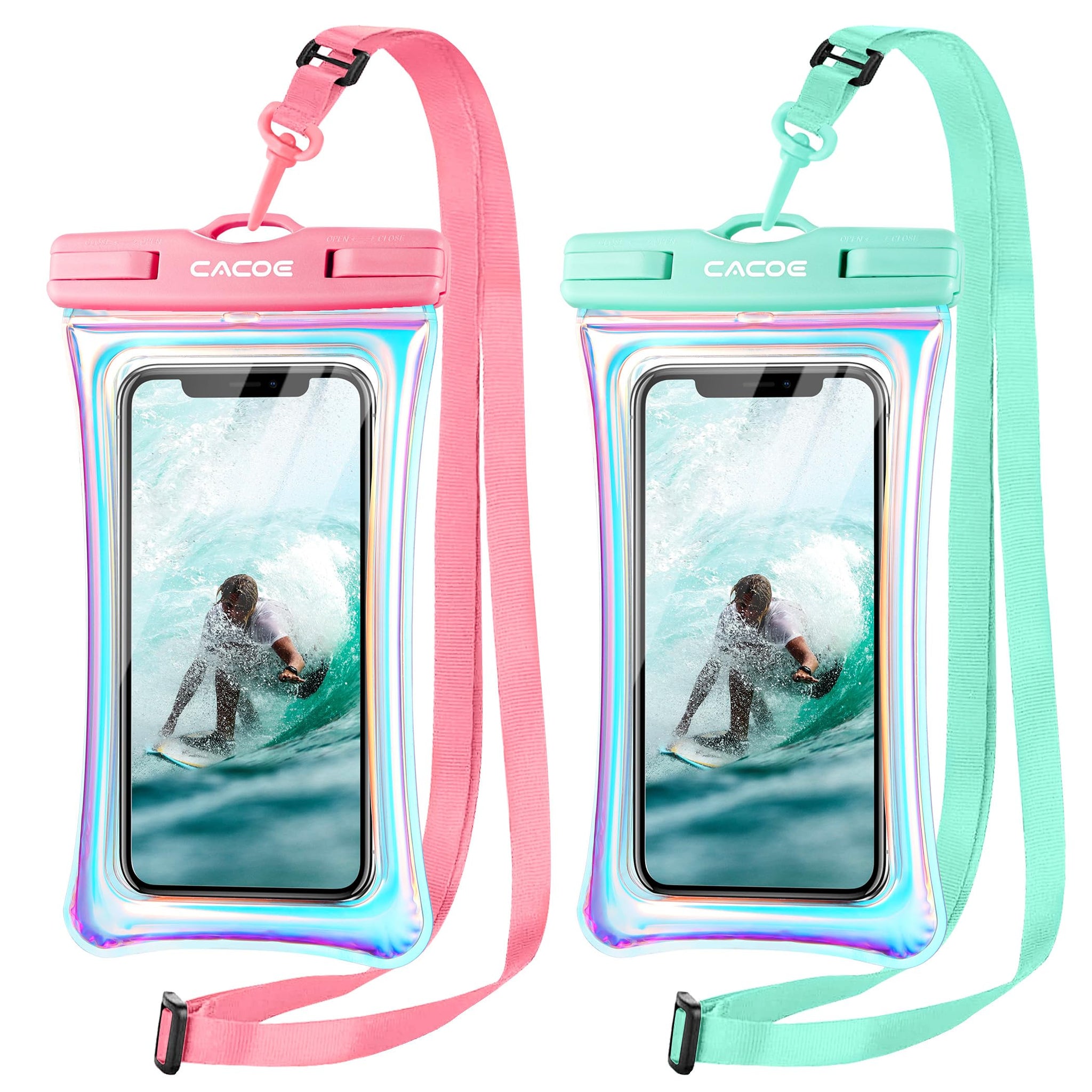 CACOE Universal Waterproof Phone case 2 Pcs-Up to 7.0",Phone Pouch with Adjustable Neck Lanyard,IPX8 Cellphone Dry Bags for Beach Pool Swimming (Iridescence, Up to 7.0"-Floatable)