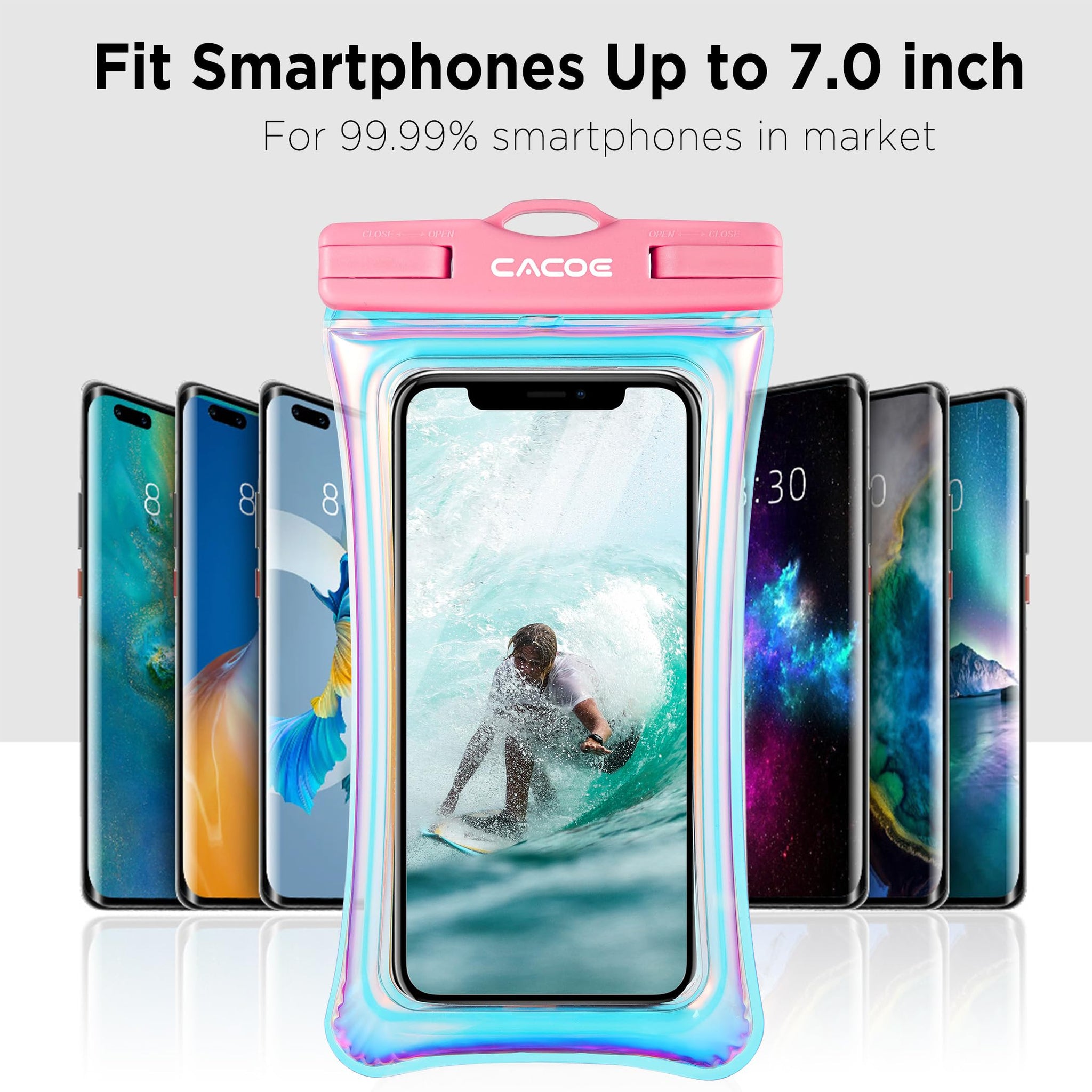 CACOE Universal Waterproof Phone case 2 Pcs-Up to 7.0",Phone Pouch with Adjustable Neck Lanyard,IPX8 Cellphone Dry Bags for Beach Pool Swimming (Iridescence, Up to 7.0"-Floatable)