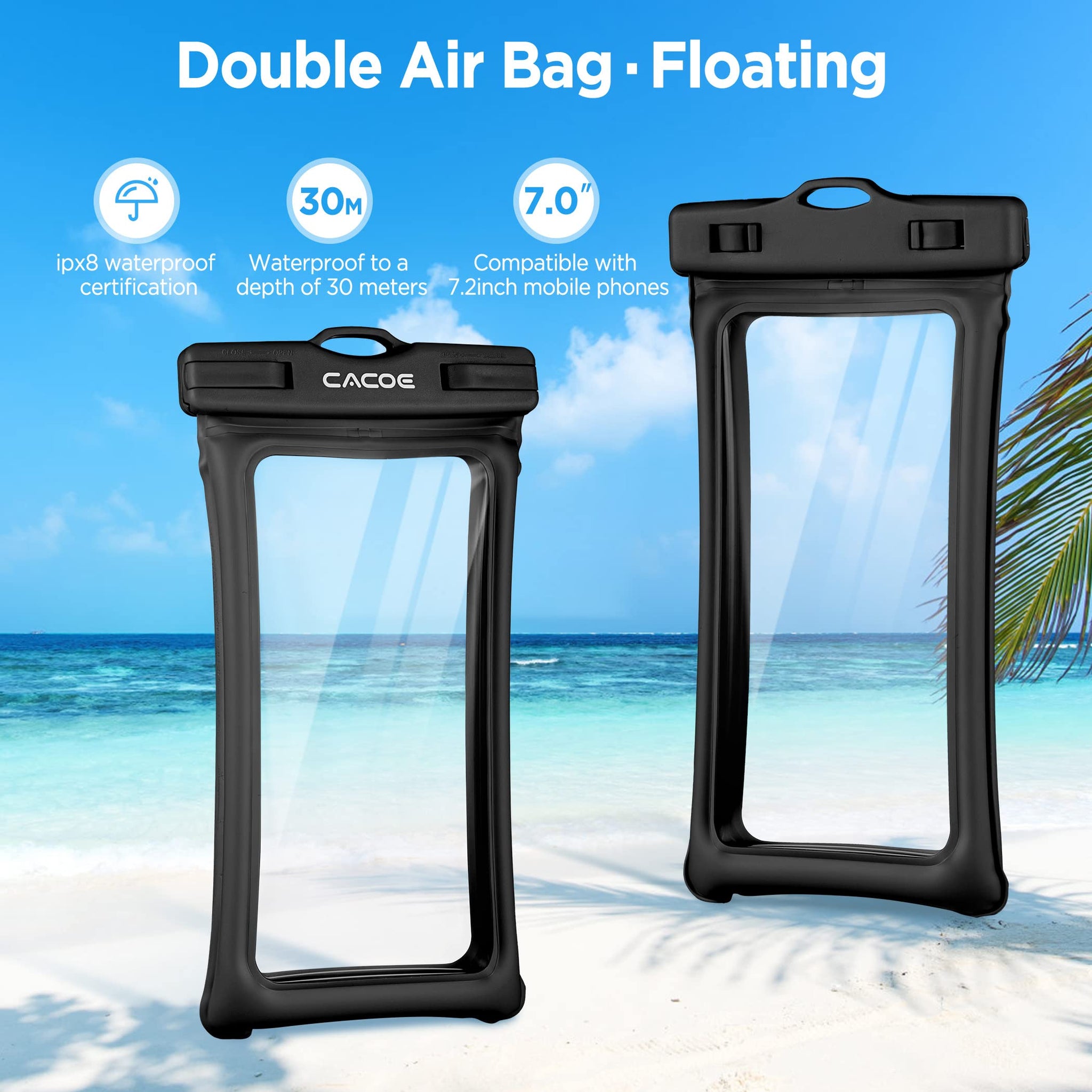 CACOE [Floatable] Floating Universal Waterproof Phone case 2 Pack-Up to 7.0",Phone Pouch with Adjustable Neck Lanyard,IPX8 Cellphone Dry Bags for Beach Pool Swimming（Black+Black）
