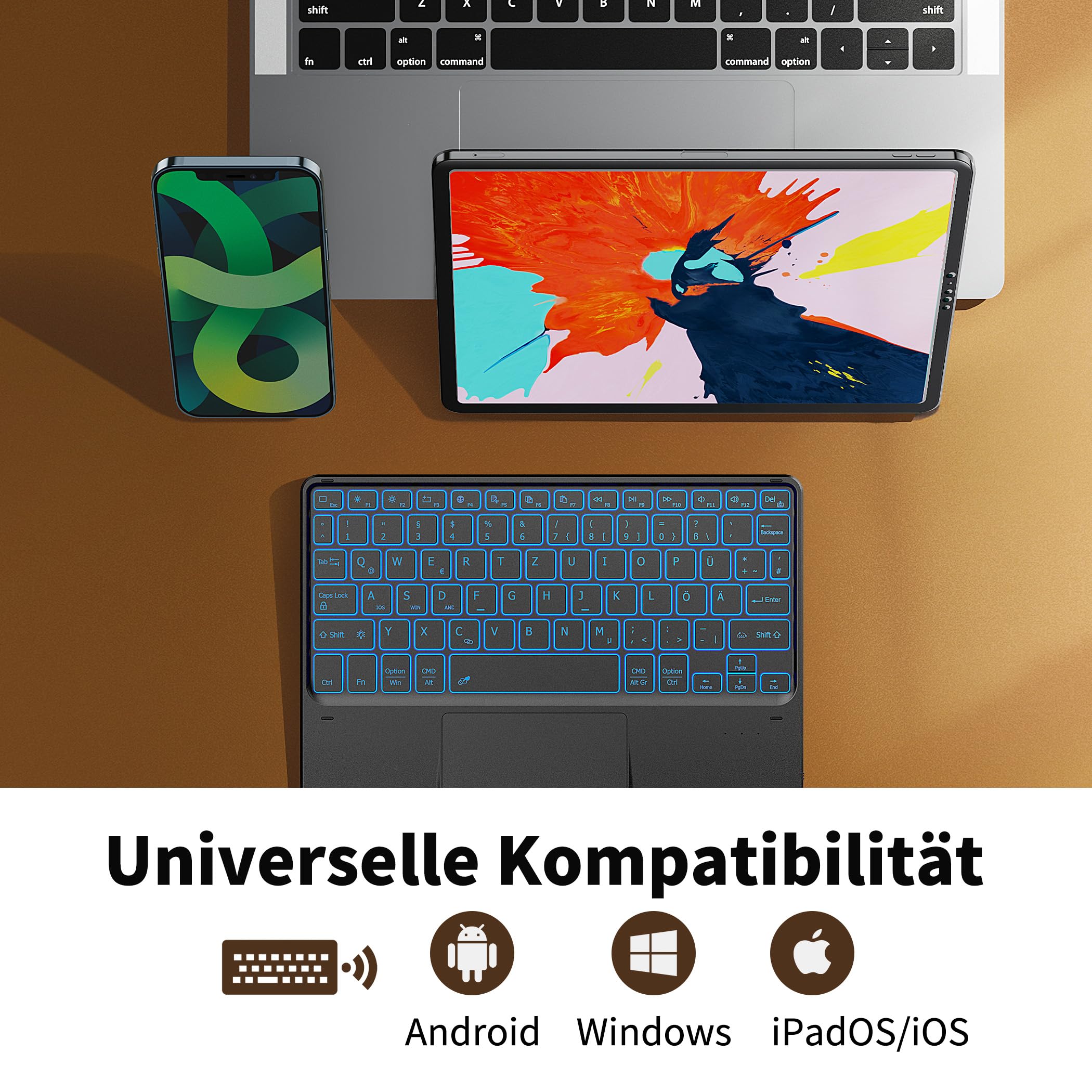 CACOE Tastatur mit Touchpad, Tastatur Kabellose mit 7 Farben Beleuchtete kompatibel mit iPad, Android Tablet, Windows, 10 Zoll Schwarz