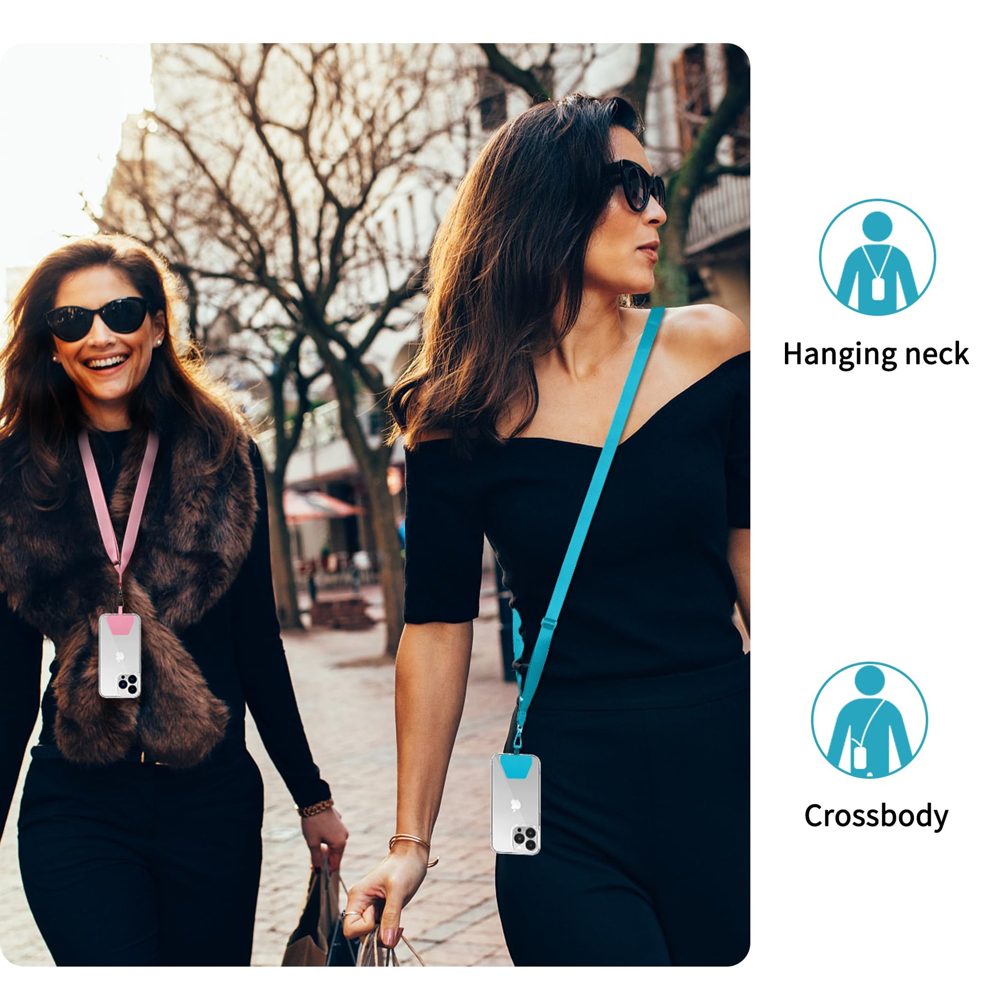 CACOE Phone Lanyard 2 Pcs Lengthened Adjustable Neck Strap,2 Pcs Patches,Universal Crossbody Multifuctional Cell Phone Lanyards Compatible with Most Smartphones(Pink+Blue)