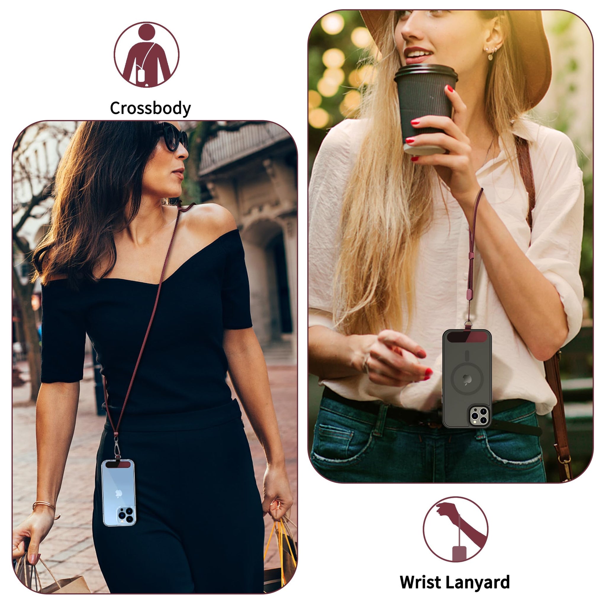 CACOE Phone Lanyard 2 Pcs-1 Pcs Adjustable Neck Strap, 1 Pcs Wrist Strap, 2 Pcs Pads, Universal Crossbody Multifuctional Cell Phone Lanyards Compatible with Most Smartphones(Dark Red)
