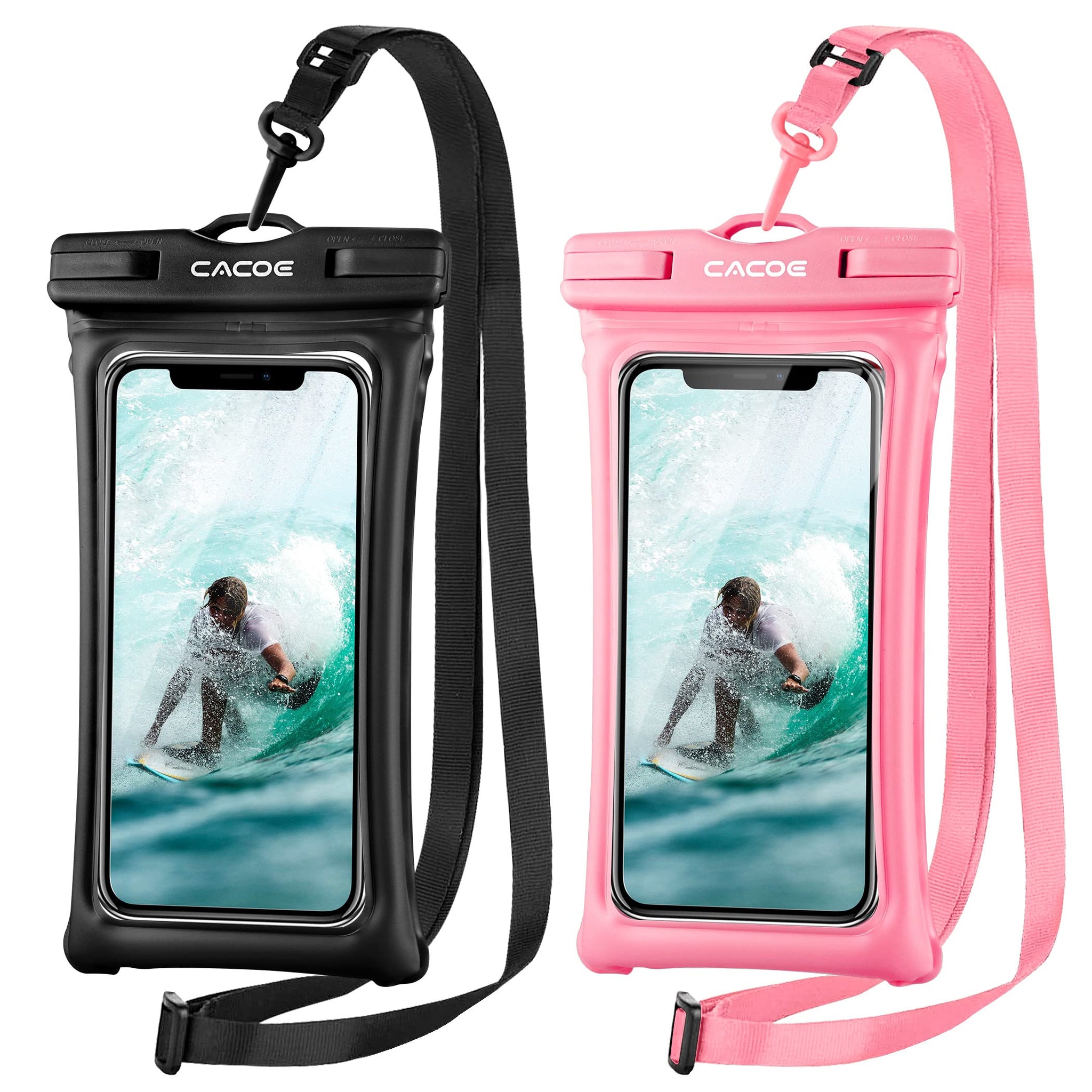 CACOE [Floatable] Floating Universal Waterproof Phone case 2 Pack-Up to 7.0",Phone Pouch with Adjustable Neck Lanyard,IPX8 Cellphone Dry Bags for Vacation Water Activities（Black+Pink）