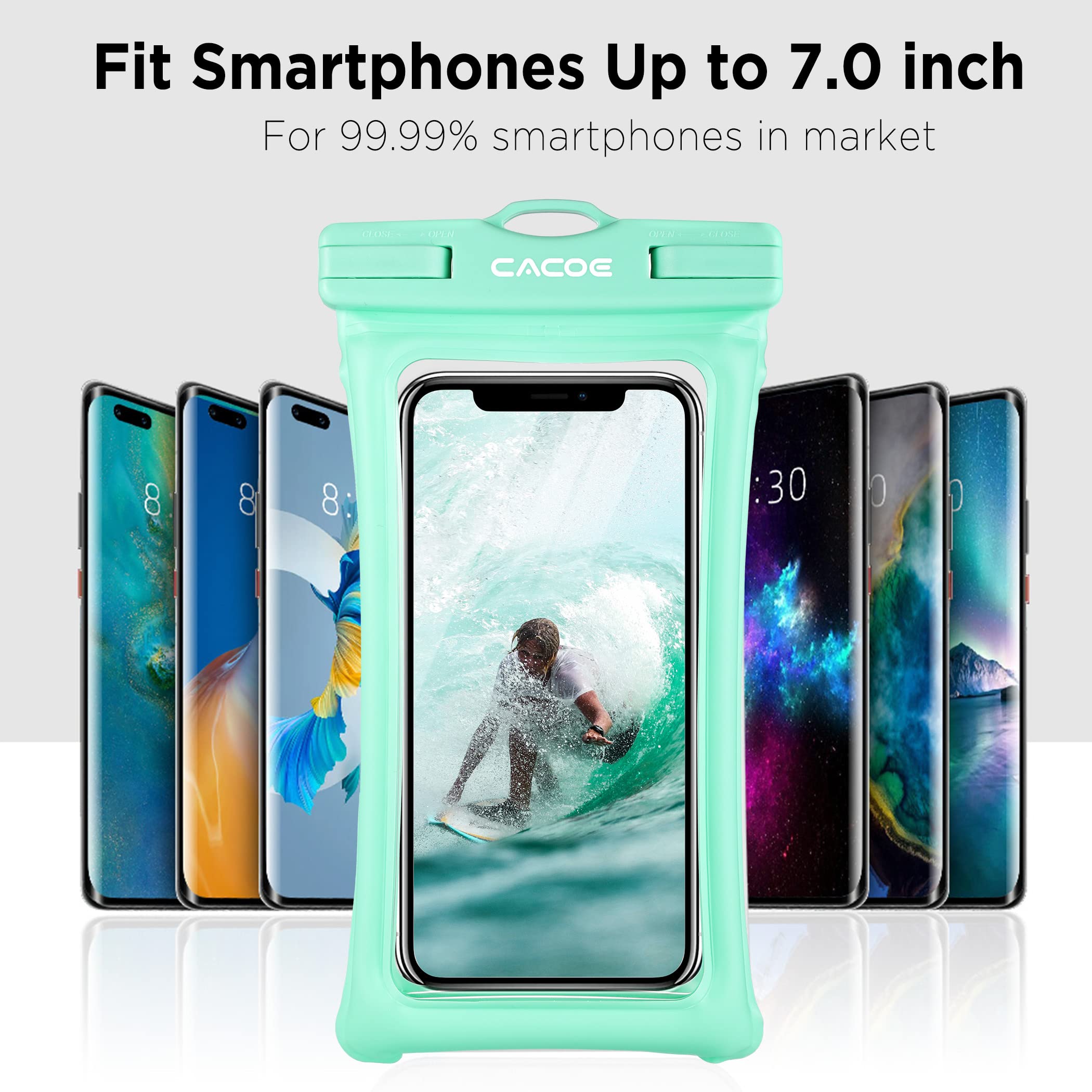 CACOE [Floatable] Floating Universal IPX8 Waterproof Phone case 2 Pack-Up to 7.0",Adjustable Lanyard Phone Pouch,Cellphone Dry Bags for Vacation Beach Pool Kayak Cruise Travel Essentials（Black+Green）