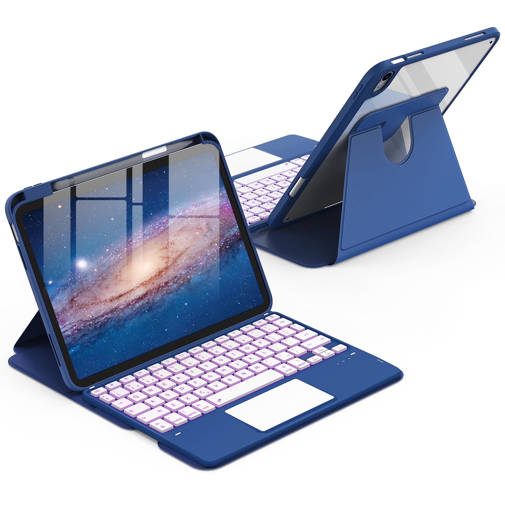 CACOE Drehbare Hülle mit Tastatur für iPad (A16) 11/10 Generation (11/10.9 Zoll) 2025/2022 mit Touchpad, 7-Farbige Beleuchtung Abnehmbare Kabellose Tastatur 360° Drehung mit Standfunktion,Ozeanblau