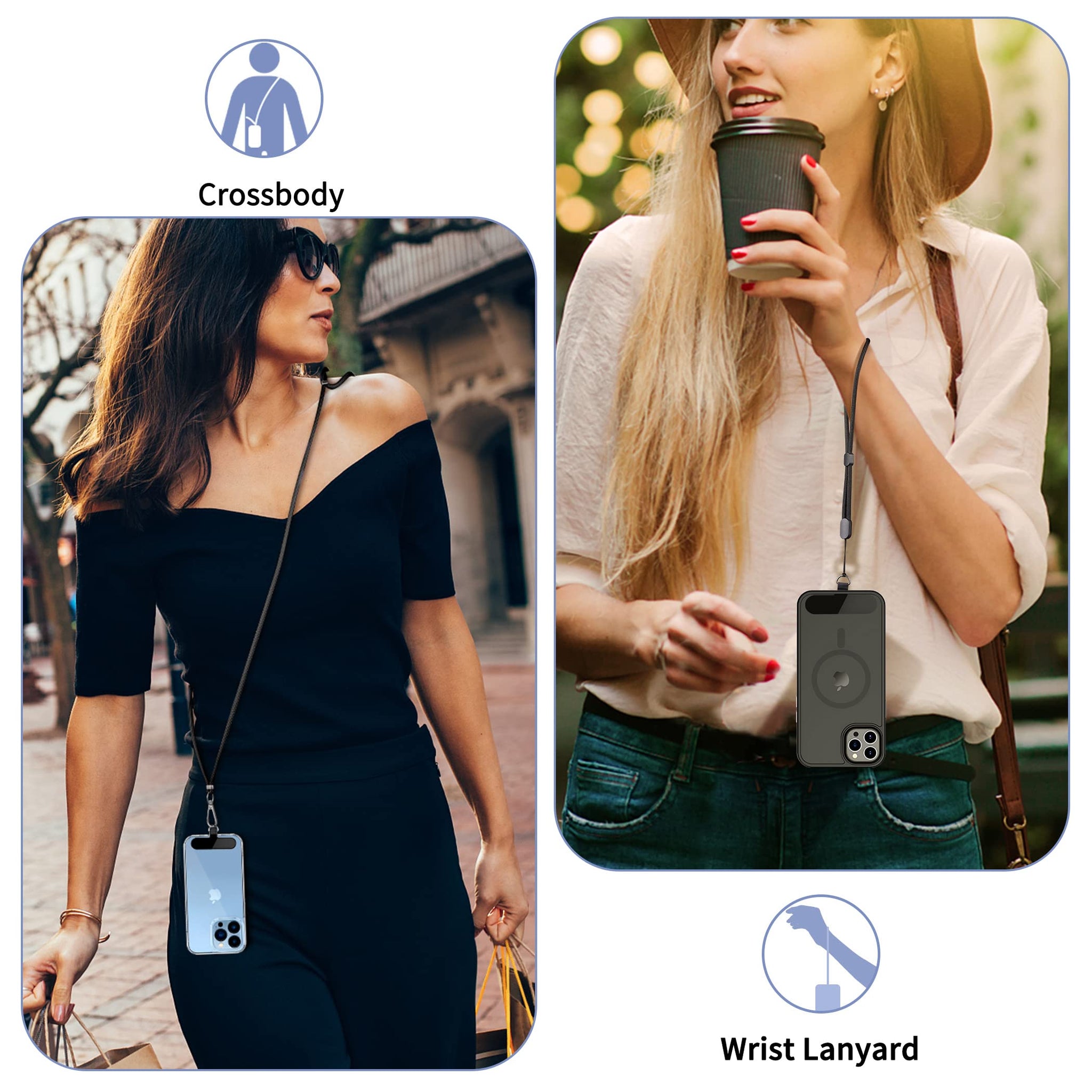 CACOE Cell Phone Lanyard 2 Pcs-1 Pcs Adjustable Neck Strap,1 Pcs Wrist Strap, 2 Pcs Pads, Universal Crossbody, Multifuctional Compatible with Most Smartphones(Black)