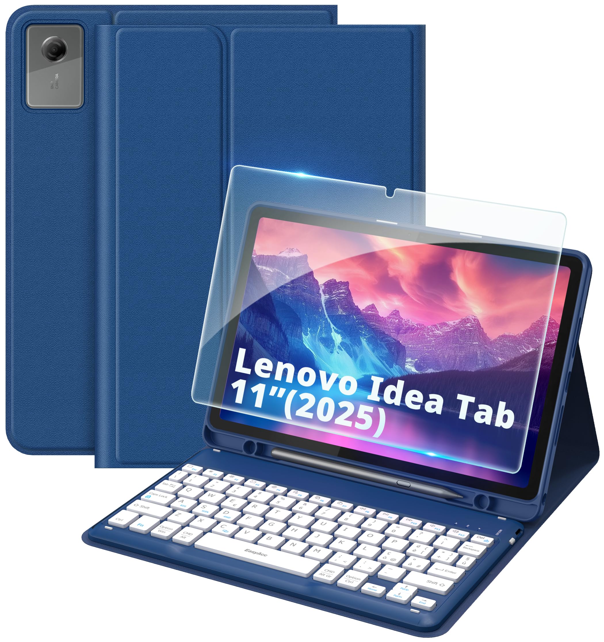 EasyAcc Cover Tastiera Compatibile con Lenovo Idea Tab 11 Pollici Tablet 2025 (TB-336ZU/TB-336FU) con Pellicola Protettiva, [Italiano], Custodia per Tastiera Rimovibile con Portapenne Blu